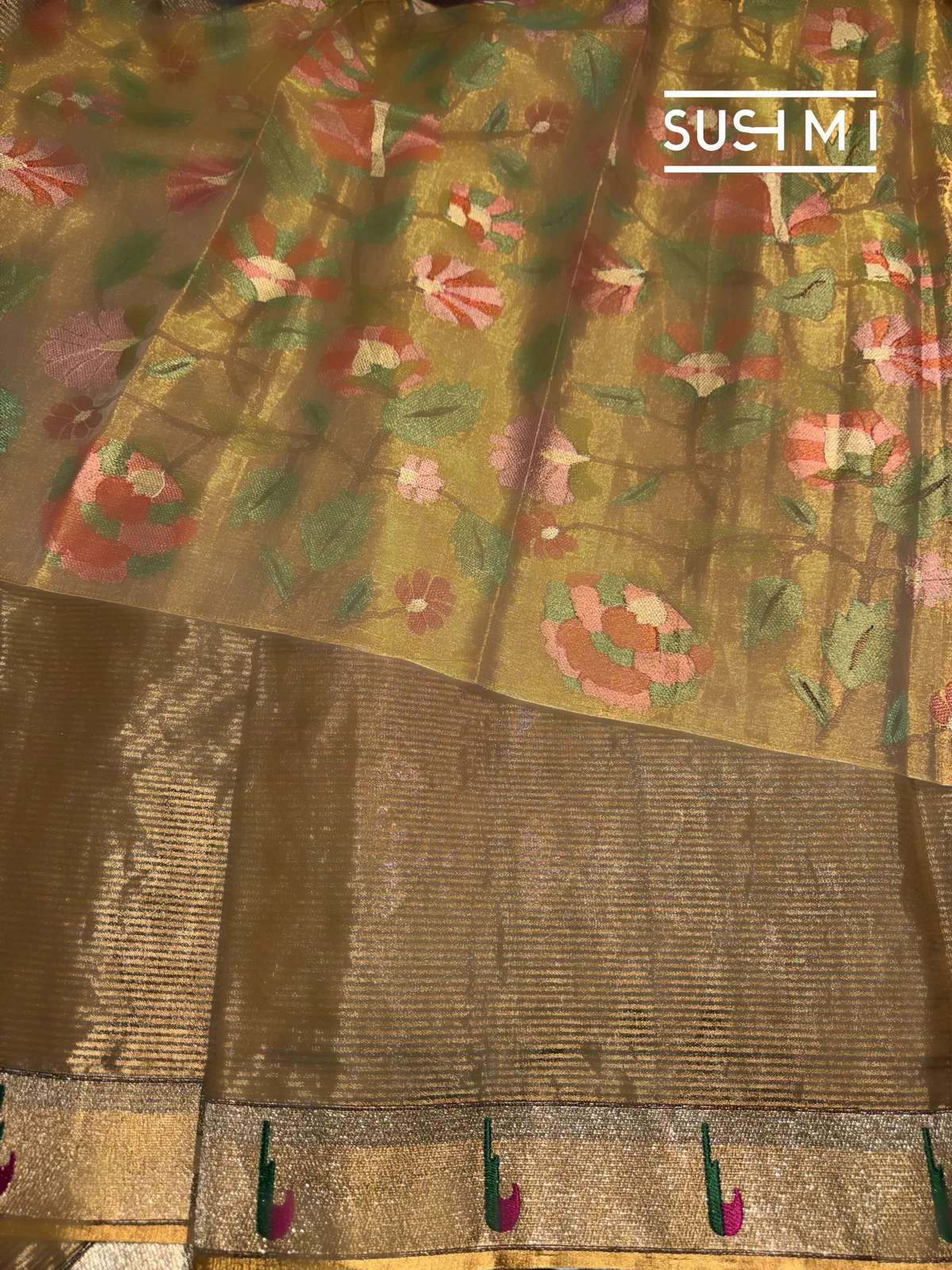 Antique Gold Chanderi Tissue Saree with pythani inspired border — Image 5
