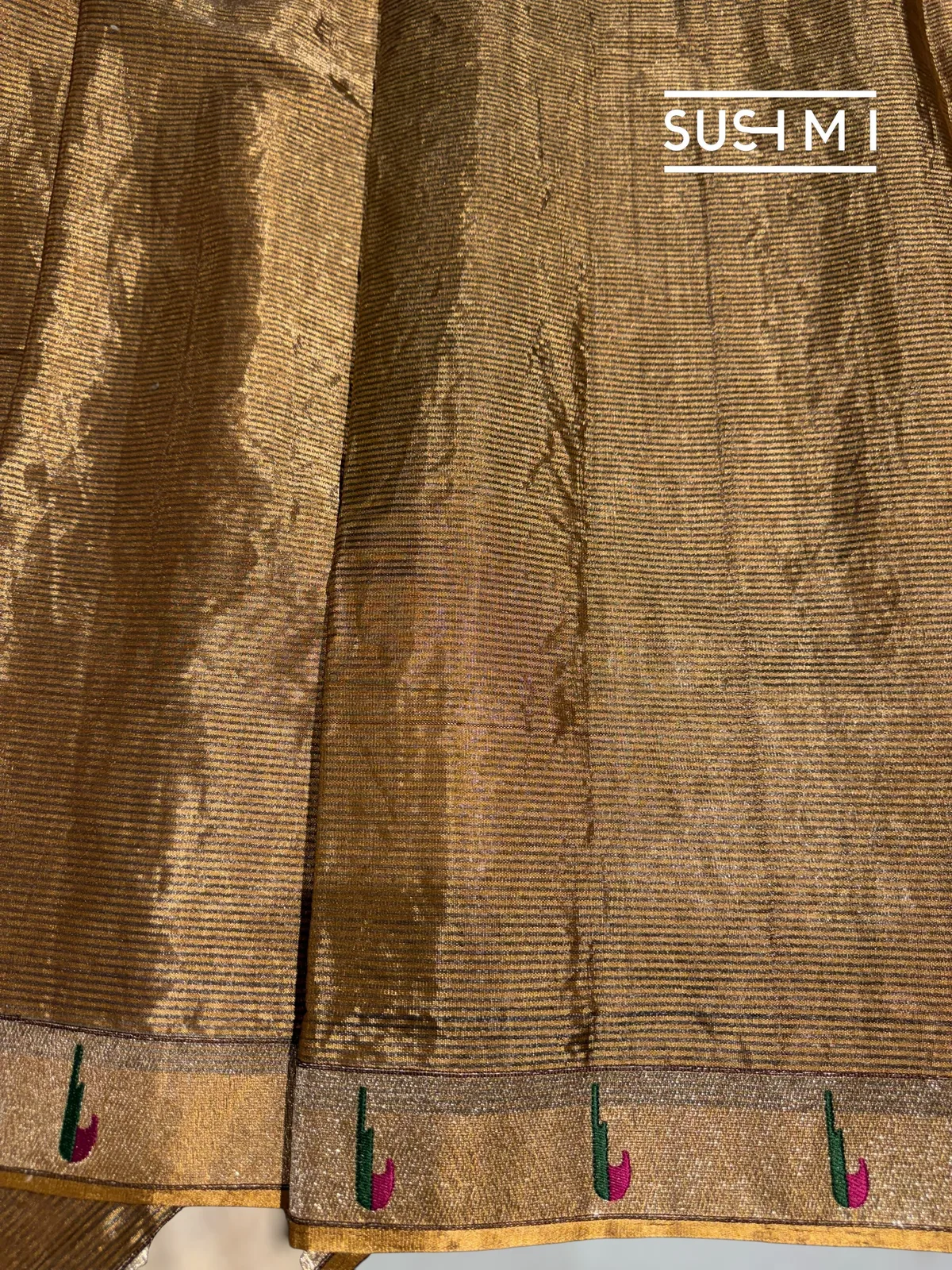 Antique Gold Chanderi Tissue Saree with pythani inspired border — Image 6