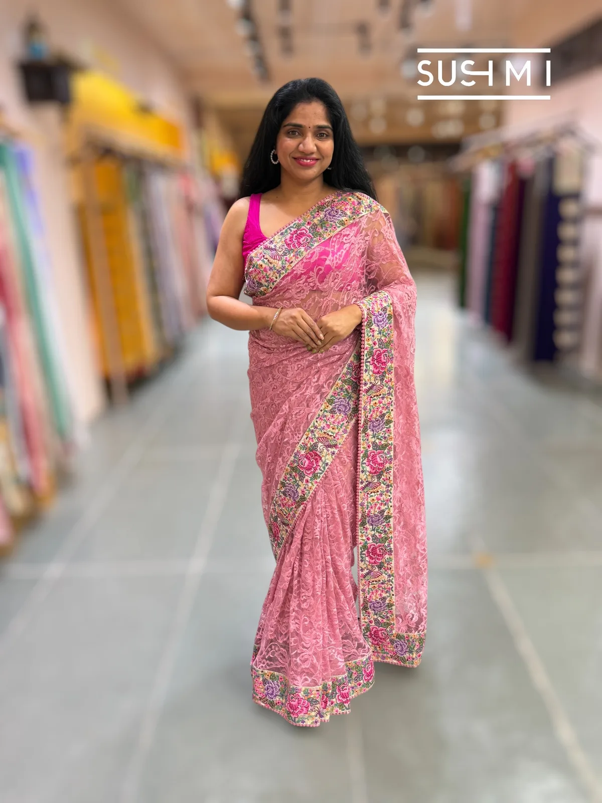 Dusty Rose Pink Chantilly Lace Saree with petite point embroidered border