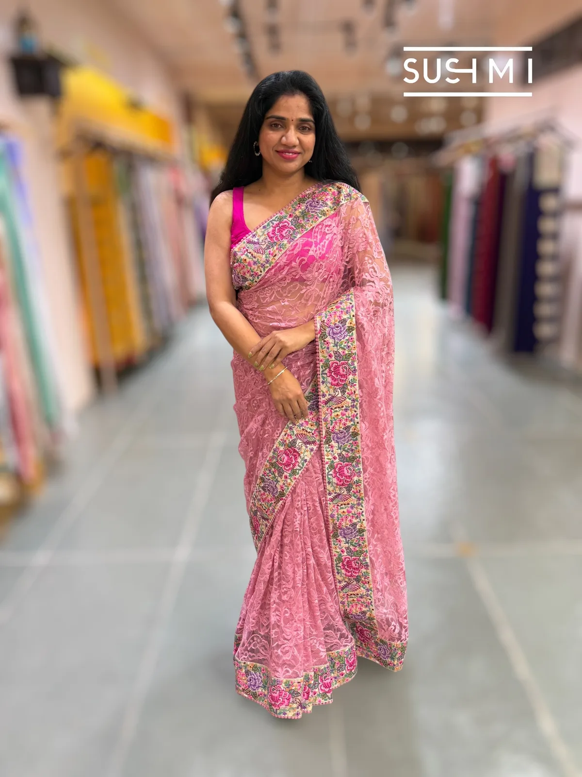 Dusty Rose Pink Chantilly Lace Saree with petite point embroidered border  — Image 2