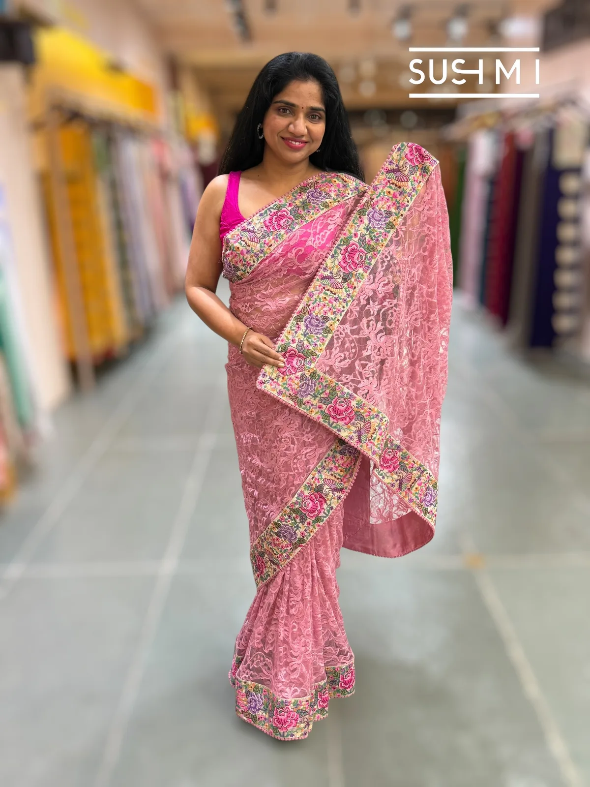 Dusty Rose Pink Chantilly Lace Saree with petite point embroidered border  — Image 4