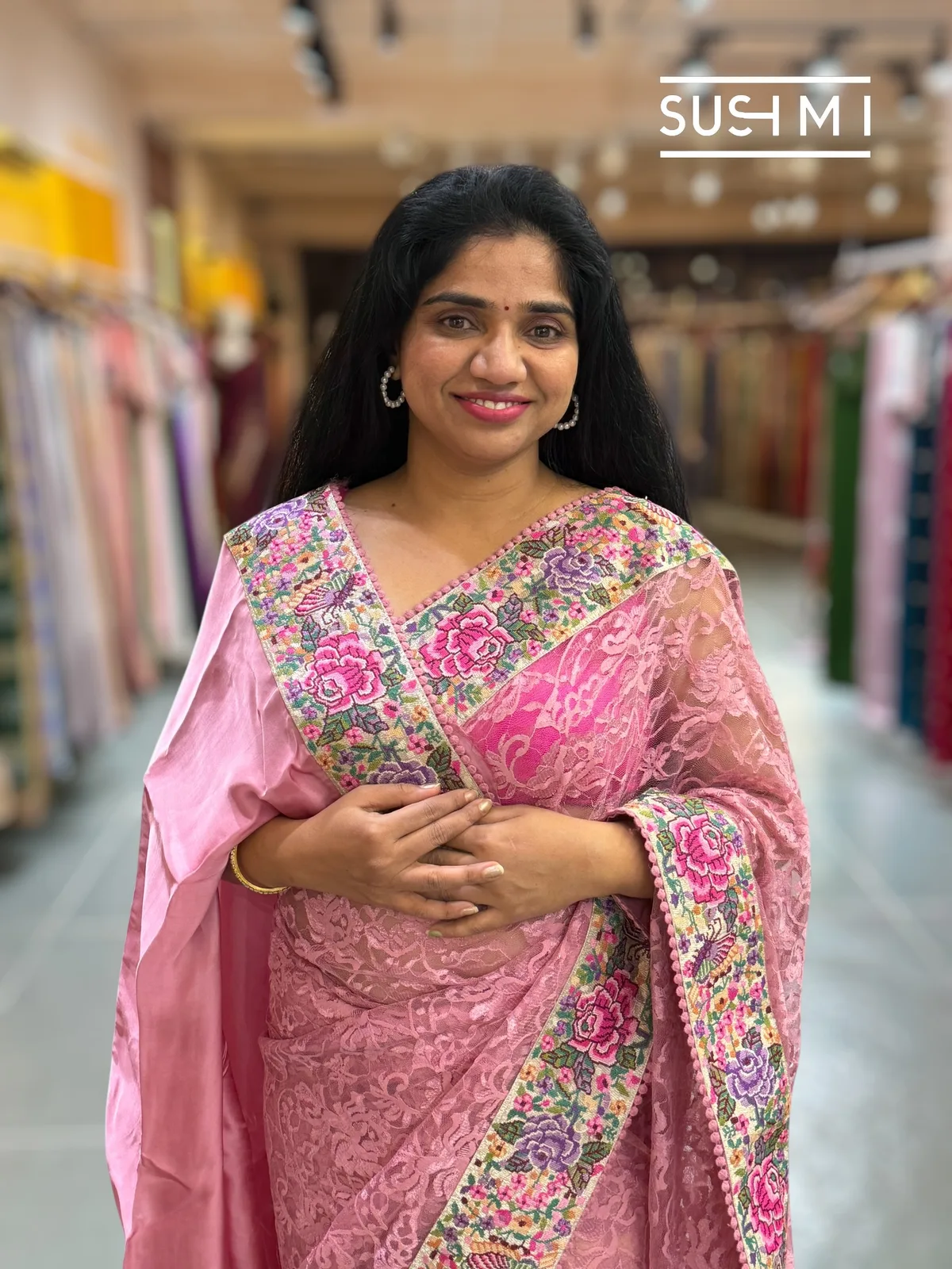 Dusty Rose Pink Chantilly Lace Saree with petite point embroidered border  — Image 6