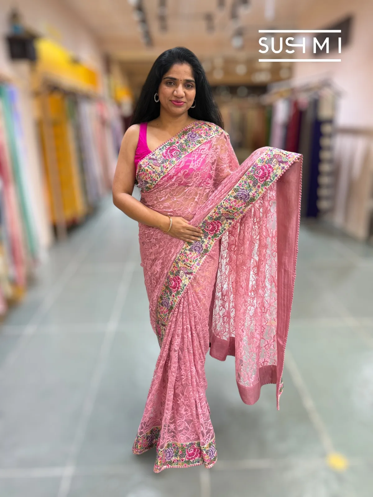 Dusty Rose Pink Chantilly Lace Saree with petite point embroidered border  — Image 3