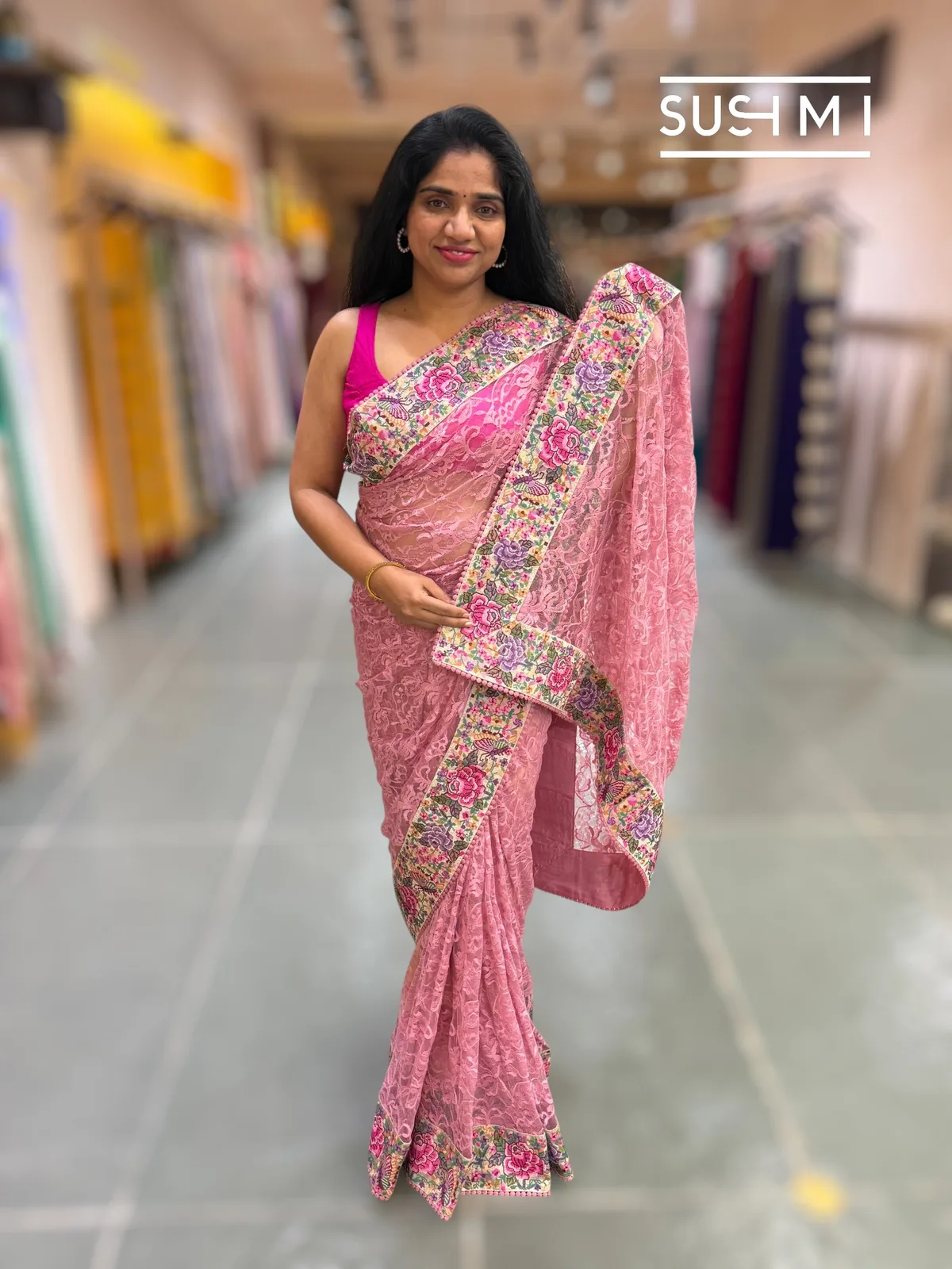 Dusty Rose Pink Chantilly Lace Saree with petite point embroidered border  — Image 5