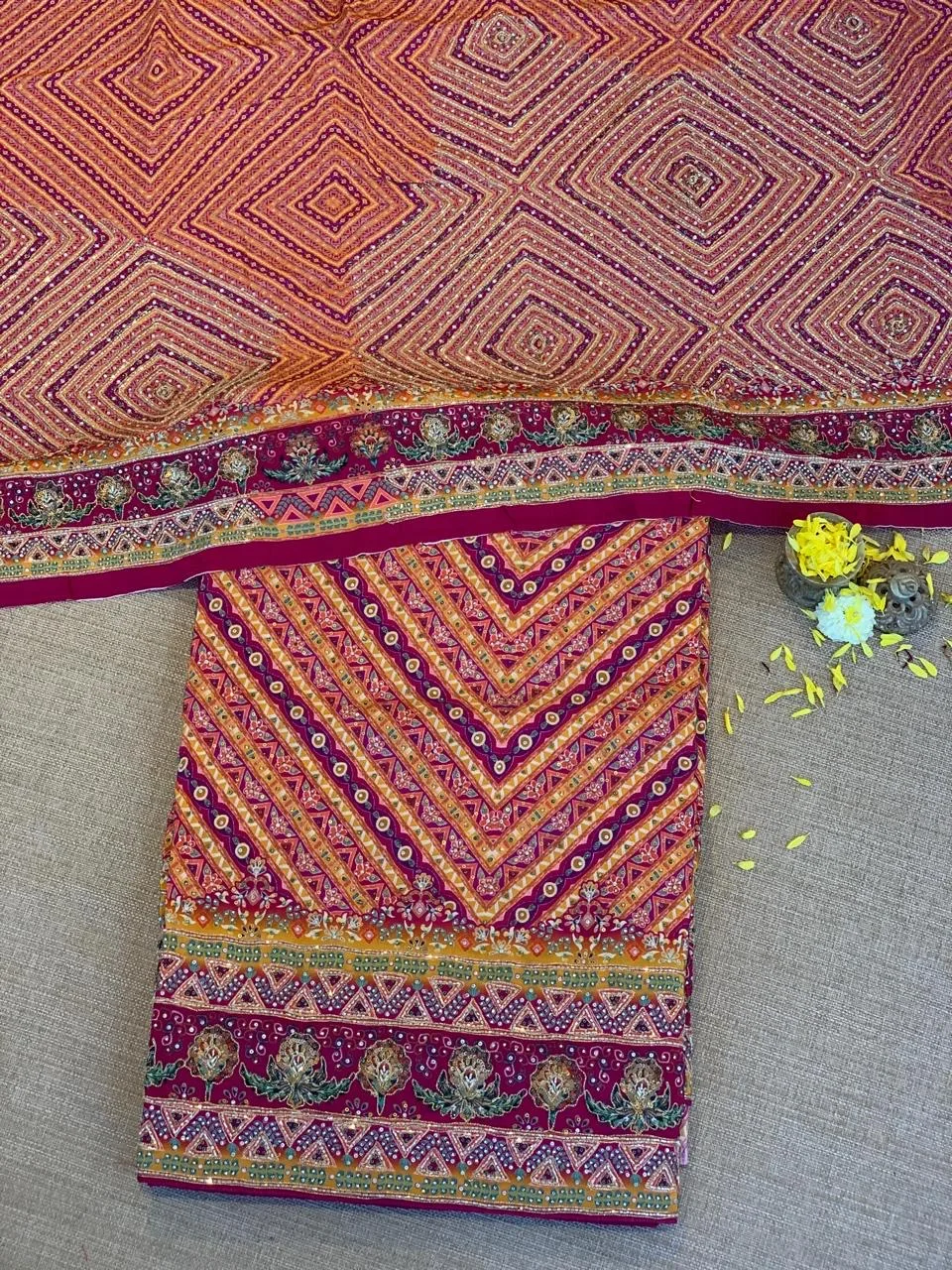 Multi color designer crepe silk saree with handwork — Image 9