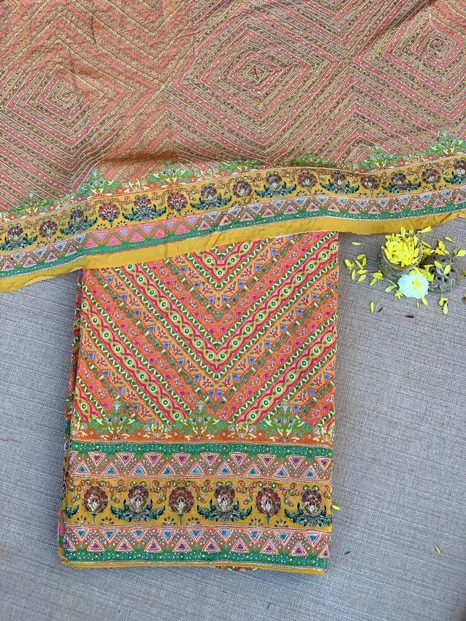 Multi color designer crepe printed saree with handwork — Image 9