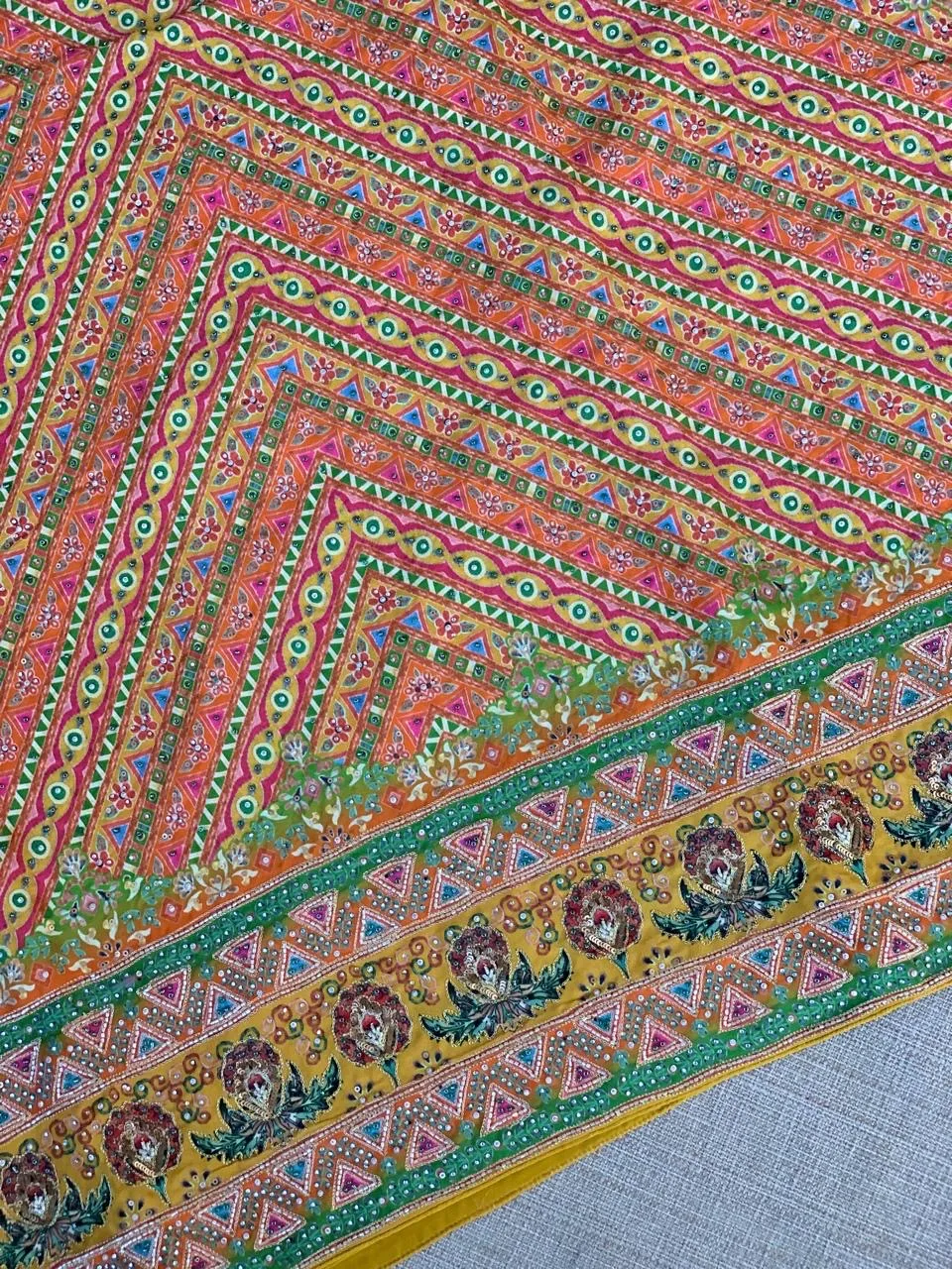 Multi color designer crepe printed saree with handwork — Image 13