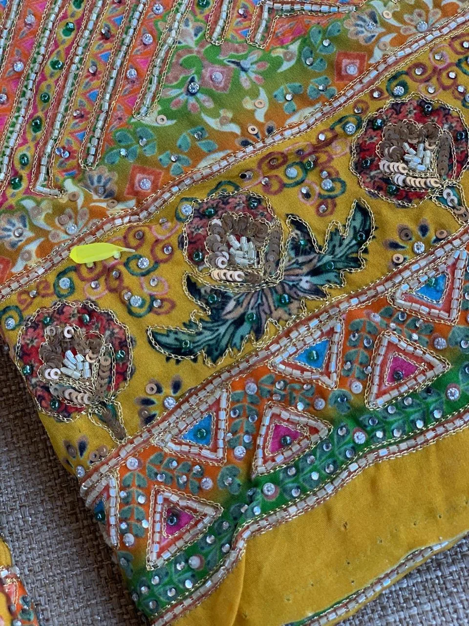 Multi color designer crepe printed saree with handwork — Image 10