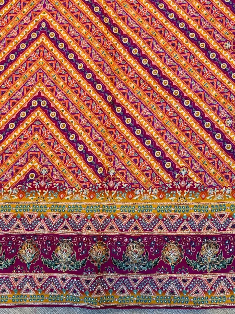 Multi color designer crepe silk saree with handwork — Image 12