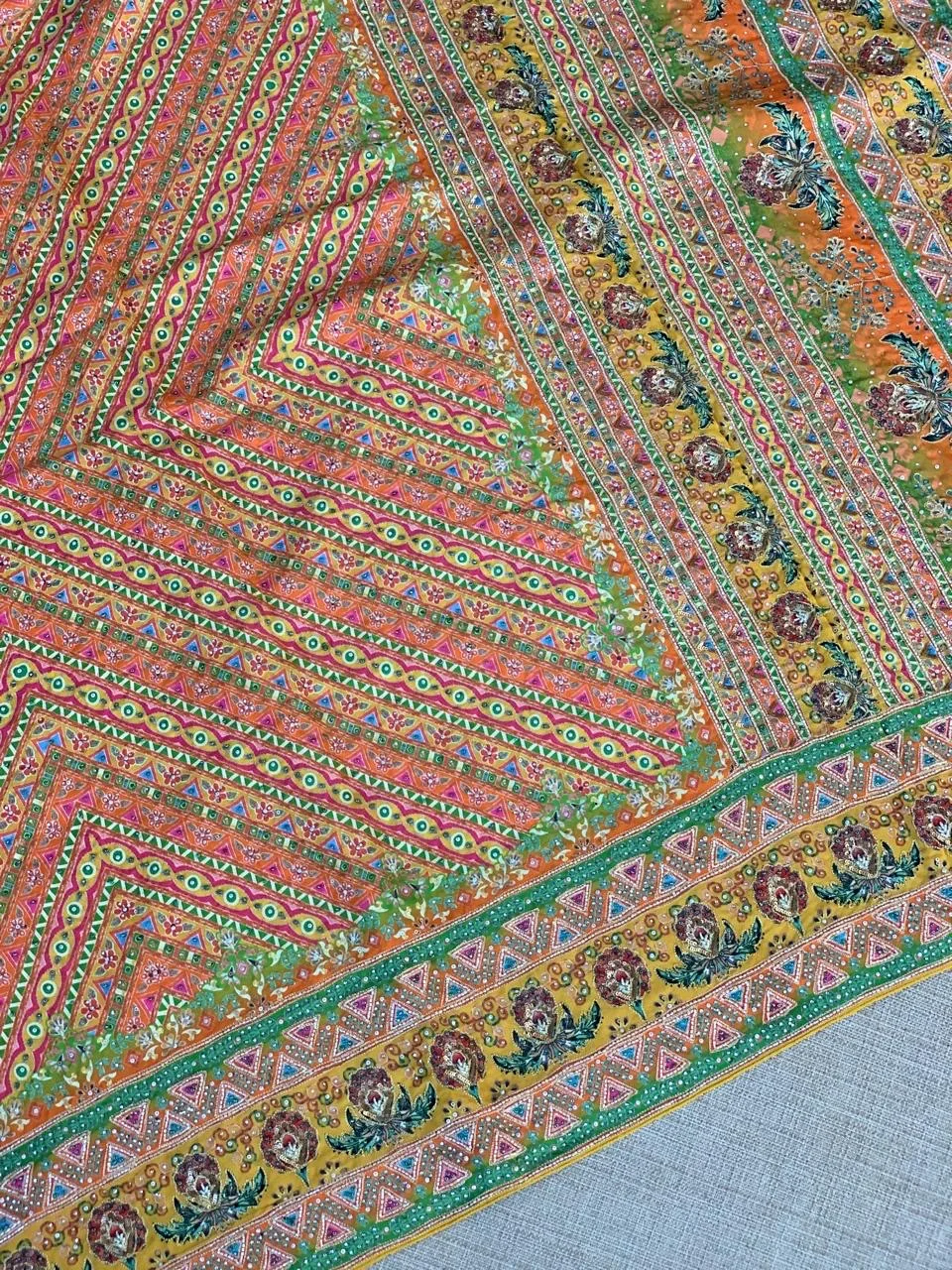 Multi color designer crepe printed saree with handwork — Image 12