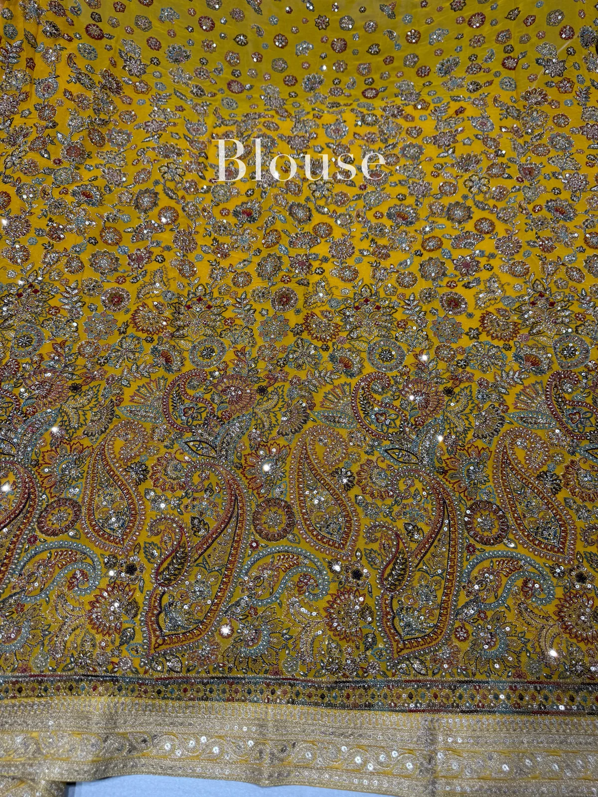 Mustard Tissue Saree with heavy work blouse — Image 6