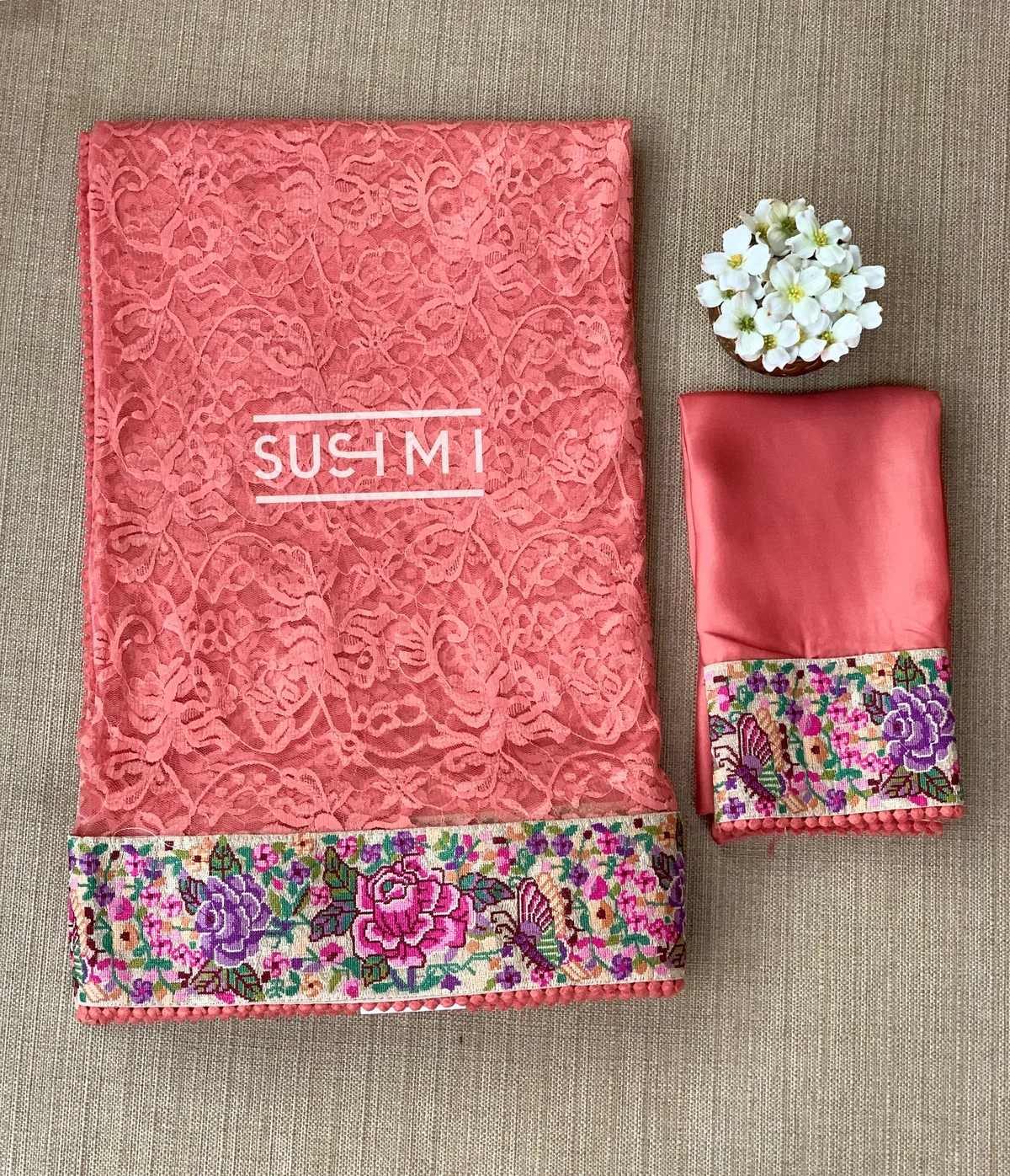 Coral Peach Chantilly Lace Saree with petite point embroidered border — Image 7