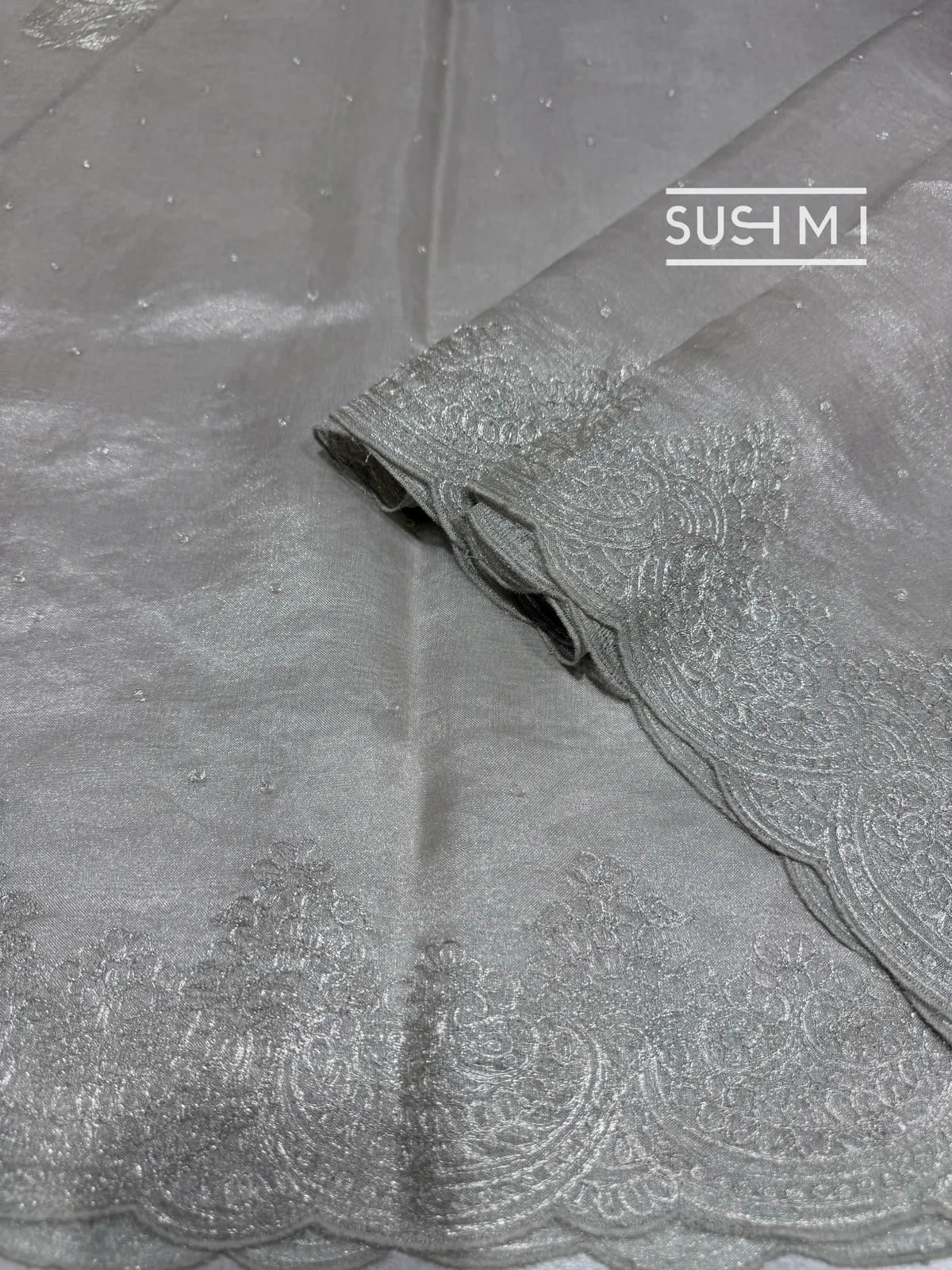 Silver tissue Saree with pita embroidered border and fusion blouse — Image 6