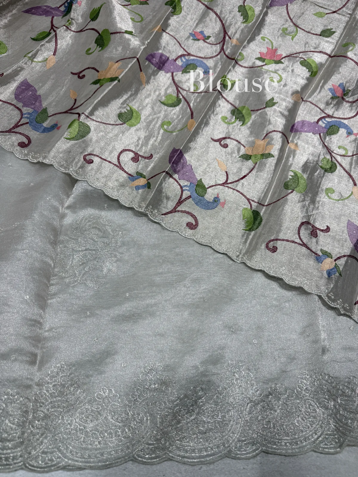 Silver tissue Saree with pita embroidered border and fusion blouse — Image 7