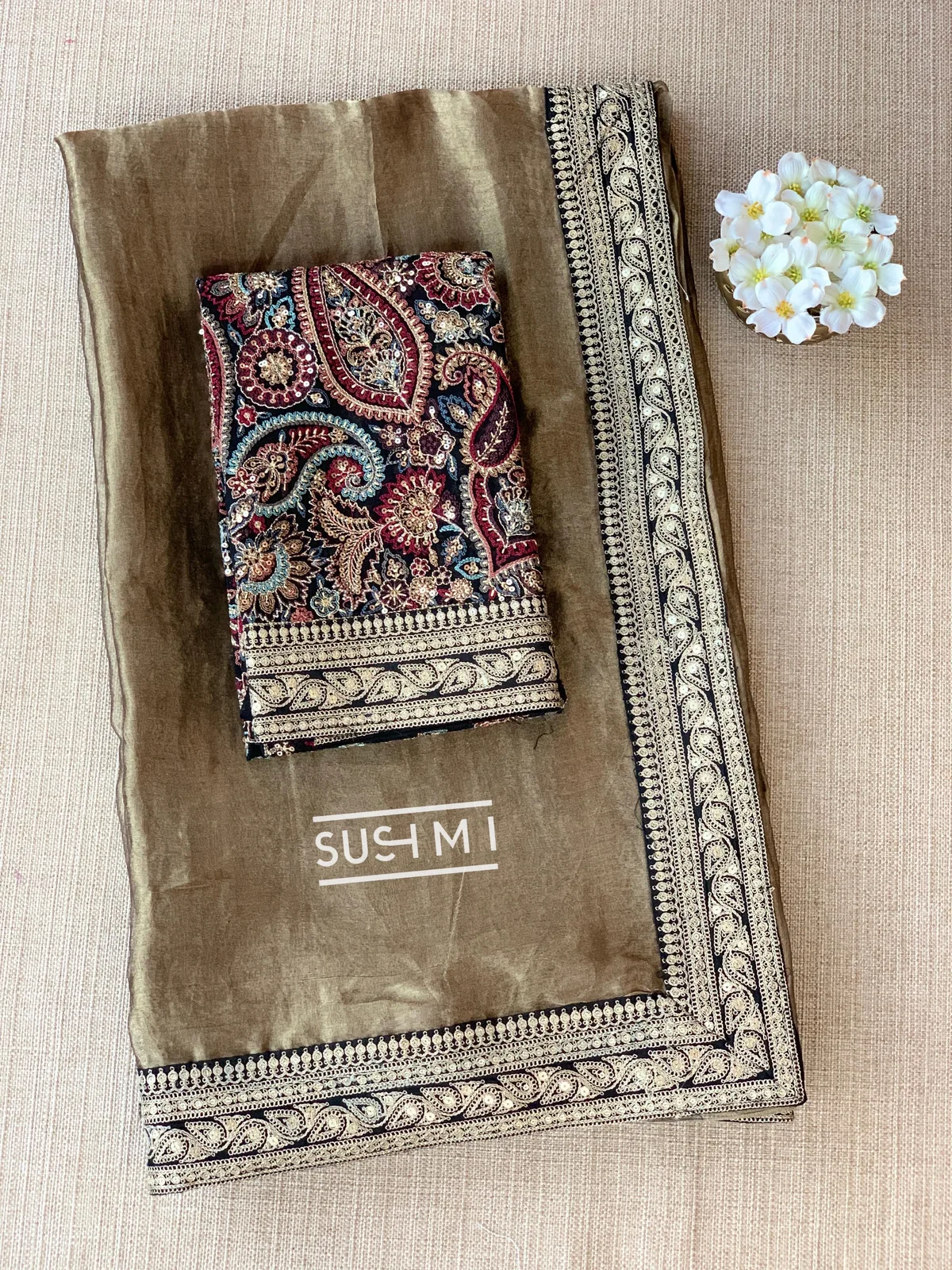 Antique Black Tissue Saree with heavy work blouse — Image 7