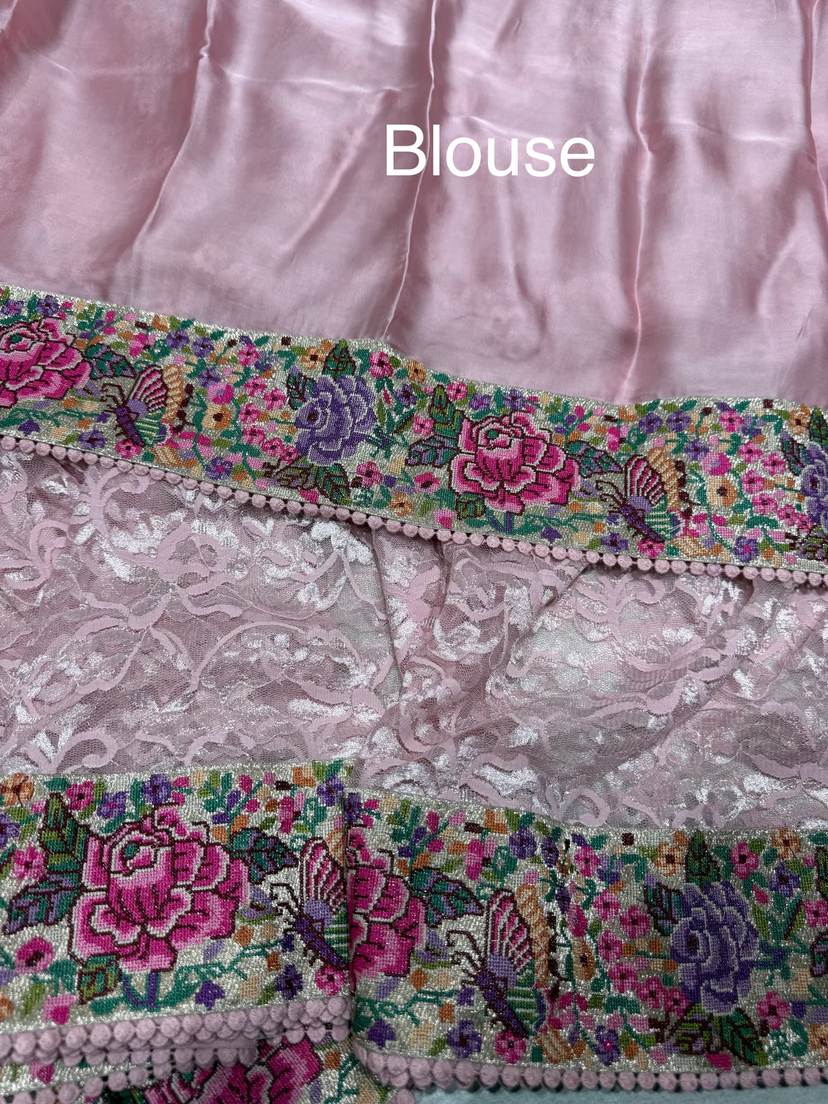 Pastel Pink Chantilly Lace Saree with petite point embroidered border — Image 4