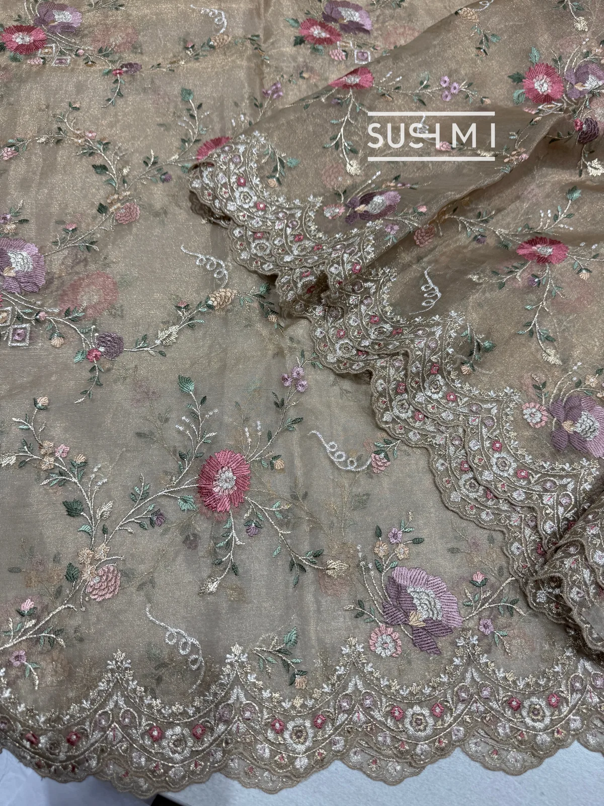 Light antique Gold banarasi tissue with allover embroidery — Image 5