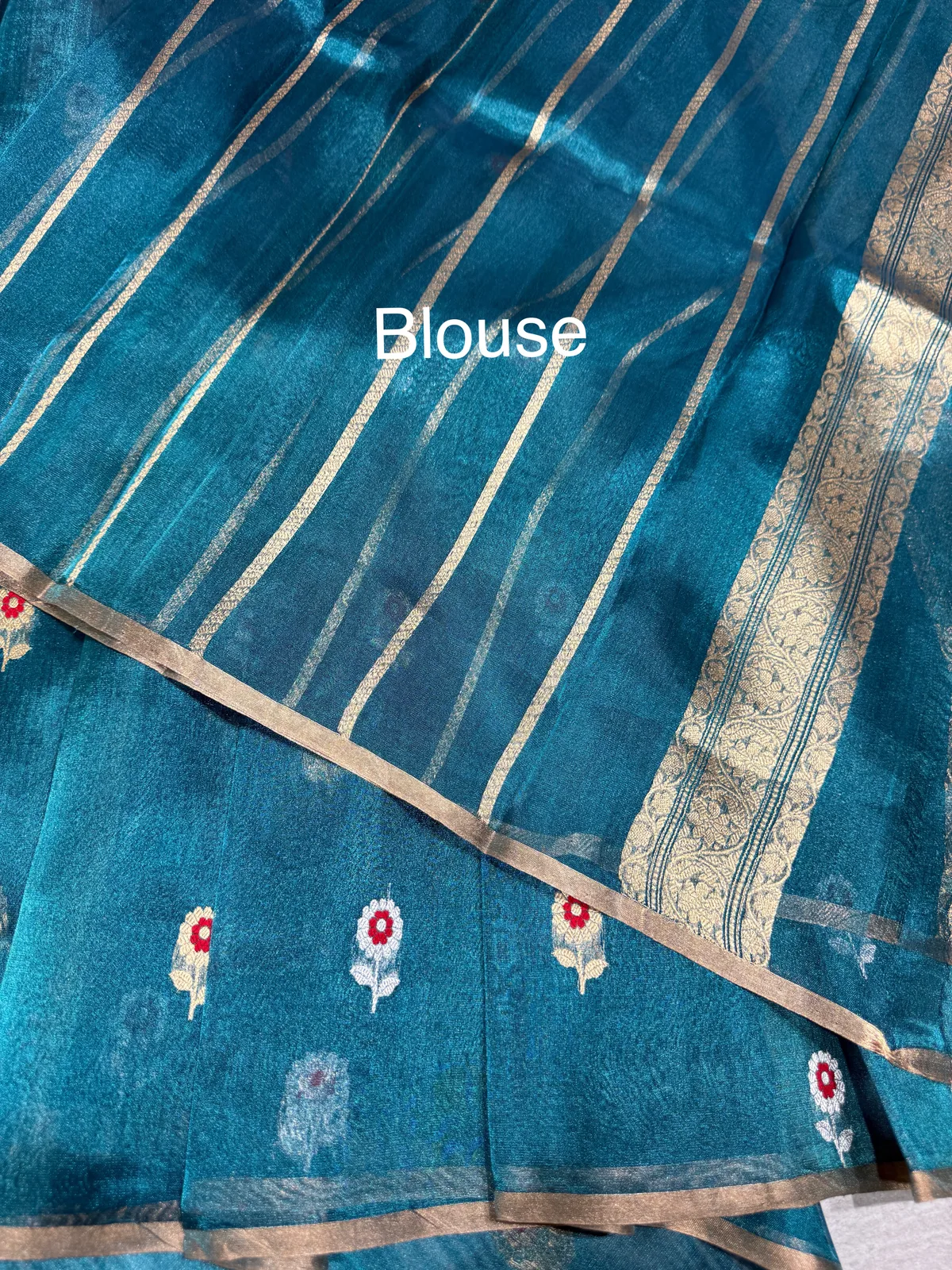 Peacock Blue banarasi tissue with fusion blouse  — Image 7