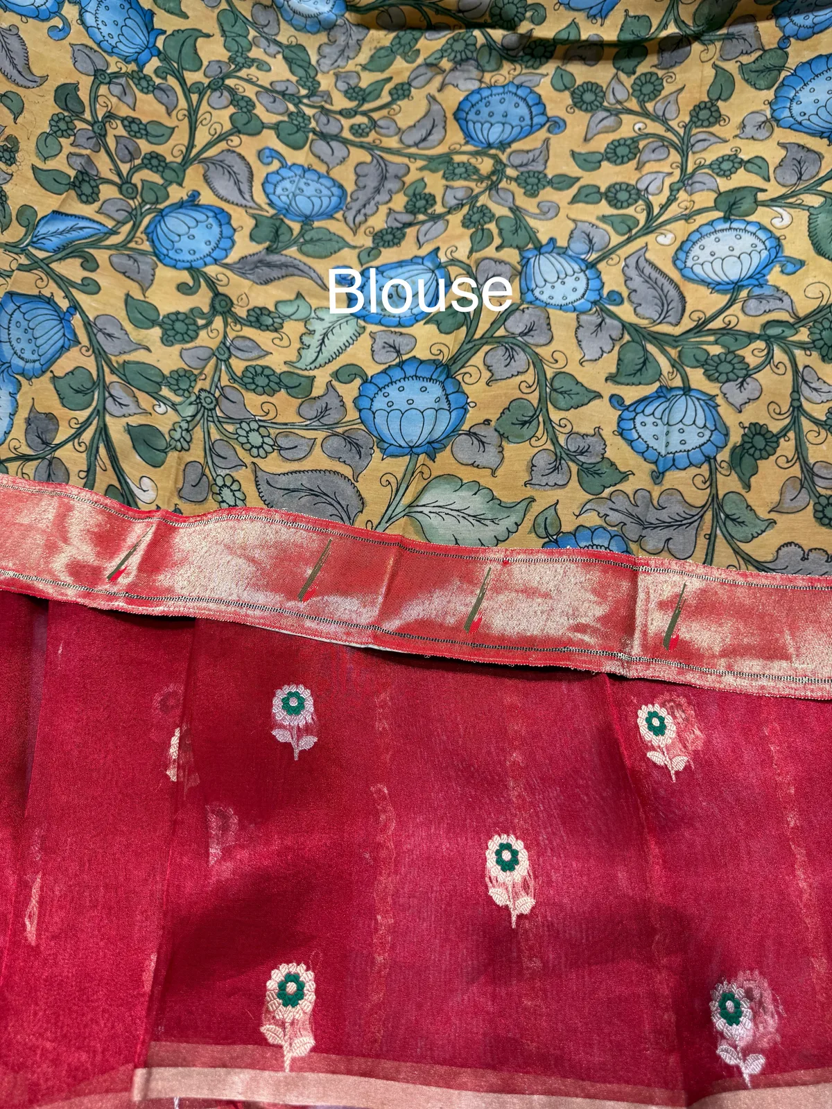 Red banarasi tissue with fusion blouse  — Image 7