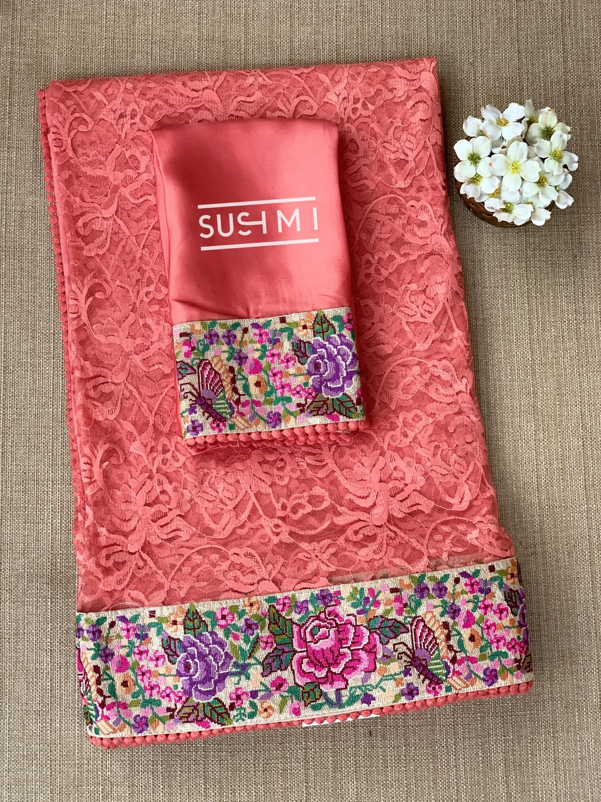 Coral Peach Chantilly Lace Saree with petite point embroidered border — Image 8