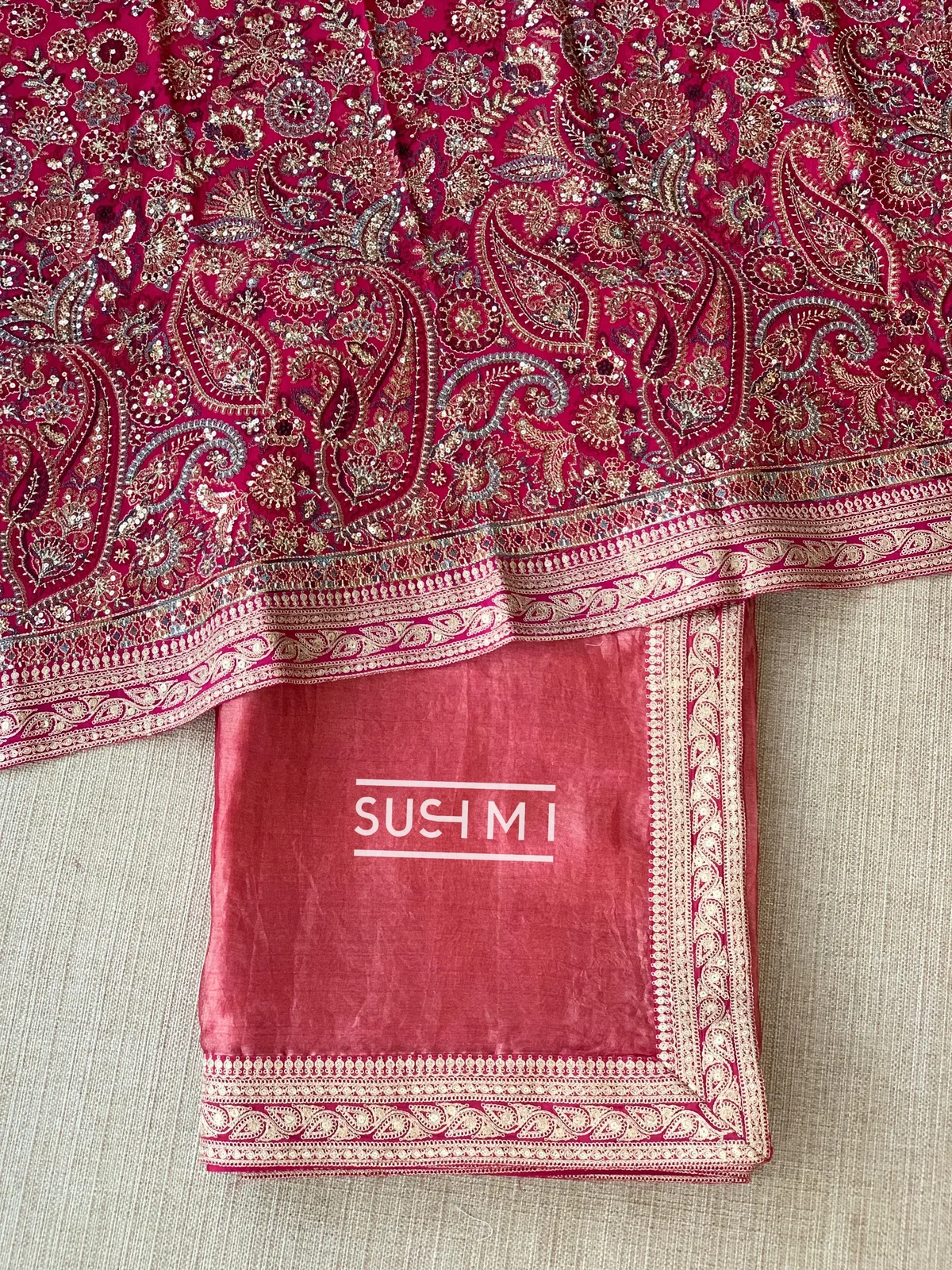 Dark Pink Tissue Saree with Heavy work blouse — Image 13