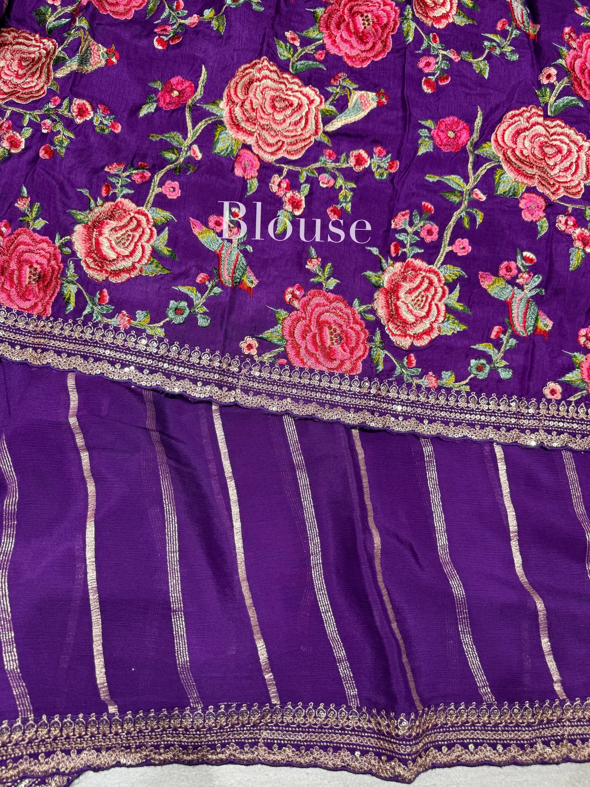 Purple Banarasi Chiffon Saree with heavy embroidered blouse — Image 7
