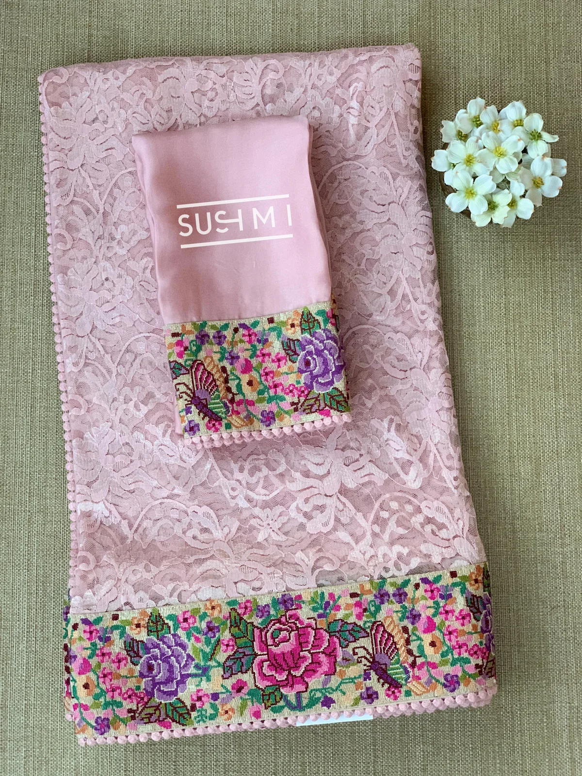 Pastel Pink Chantilly Lace Saree with petite point embroidered border — Image 7