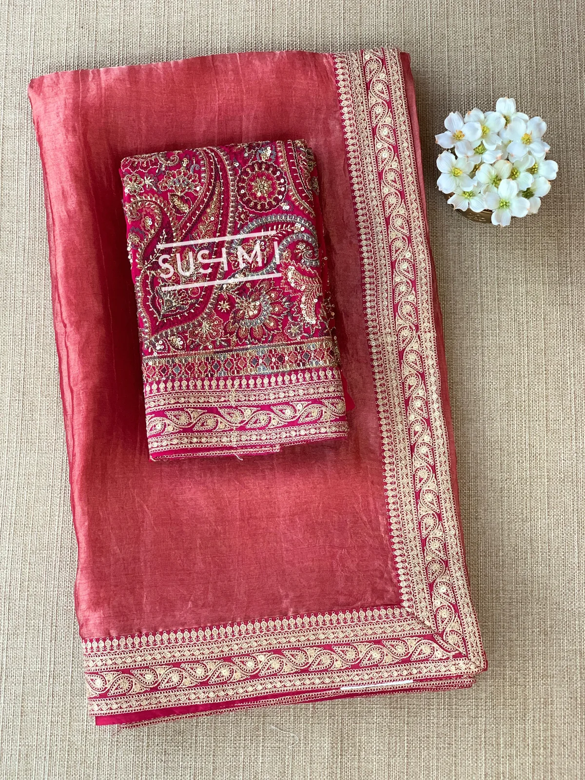 Dark Pink Tissue Saree with Heavy work blouse — Image 11
