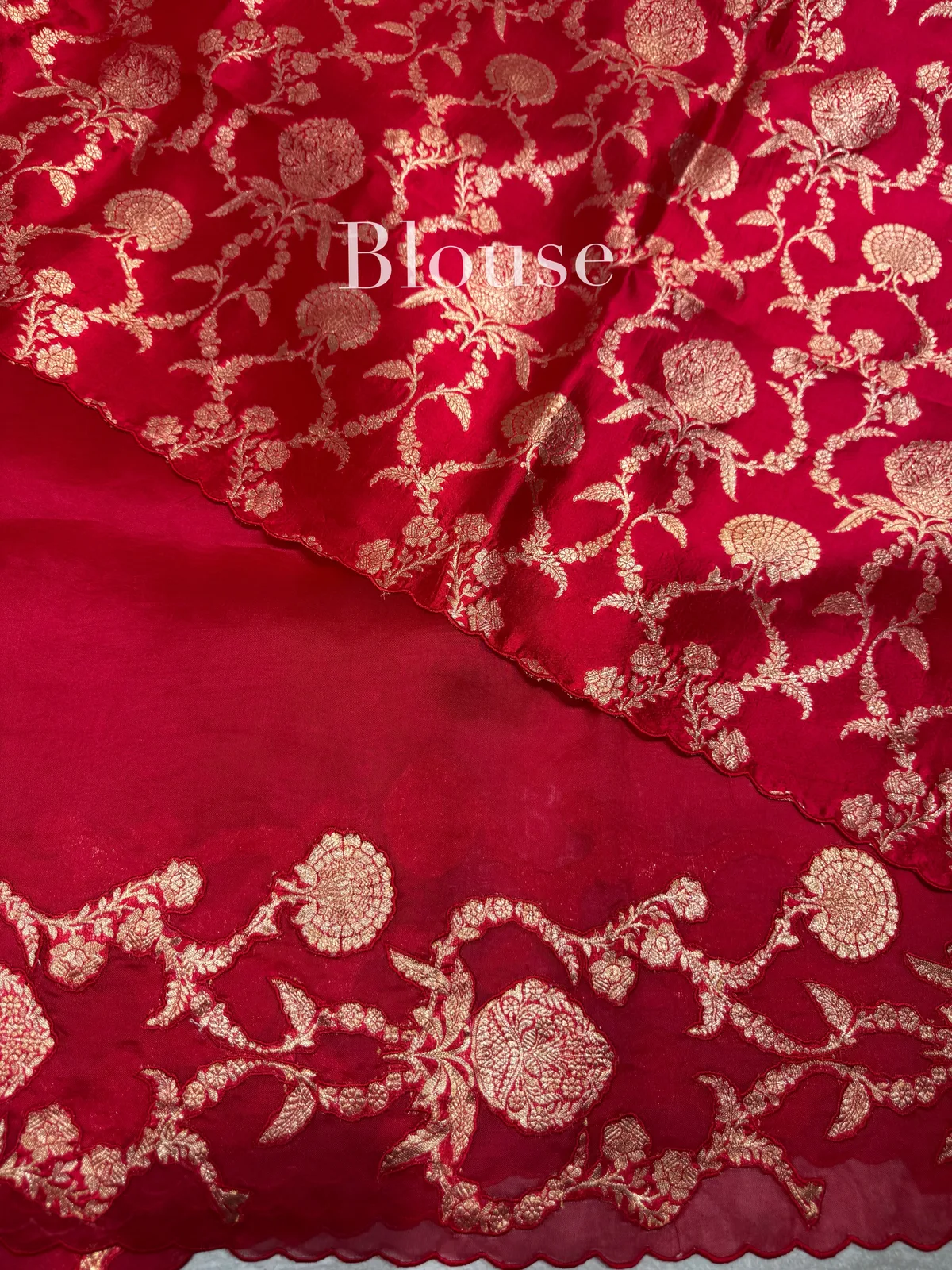 Red Pure Organza Saree with banarasi brocade applique work — Image 7