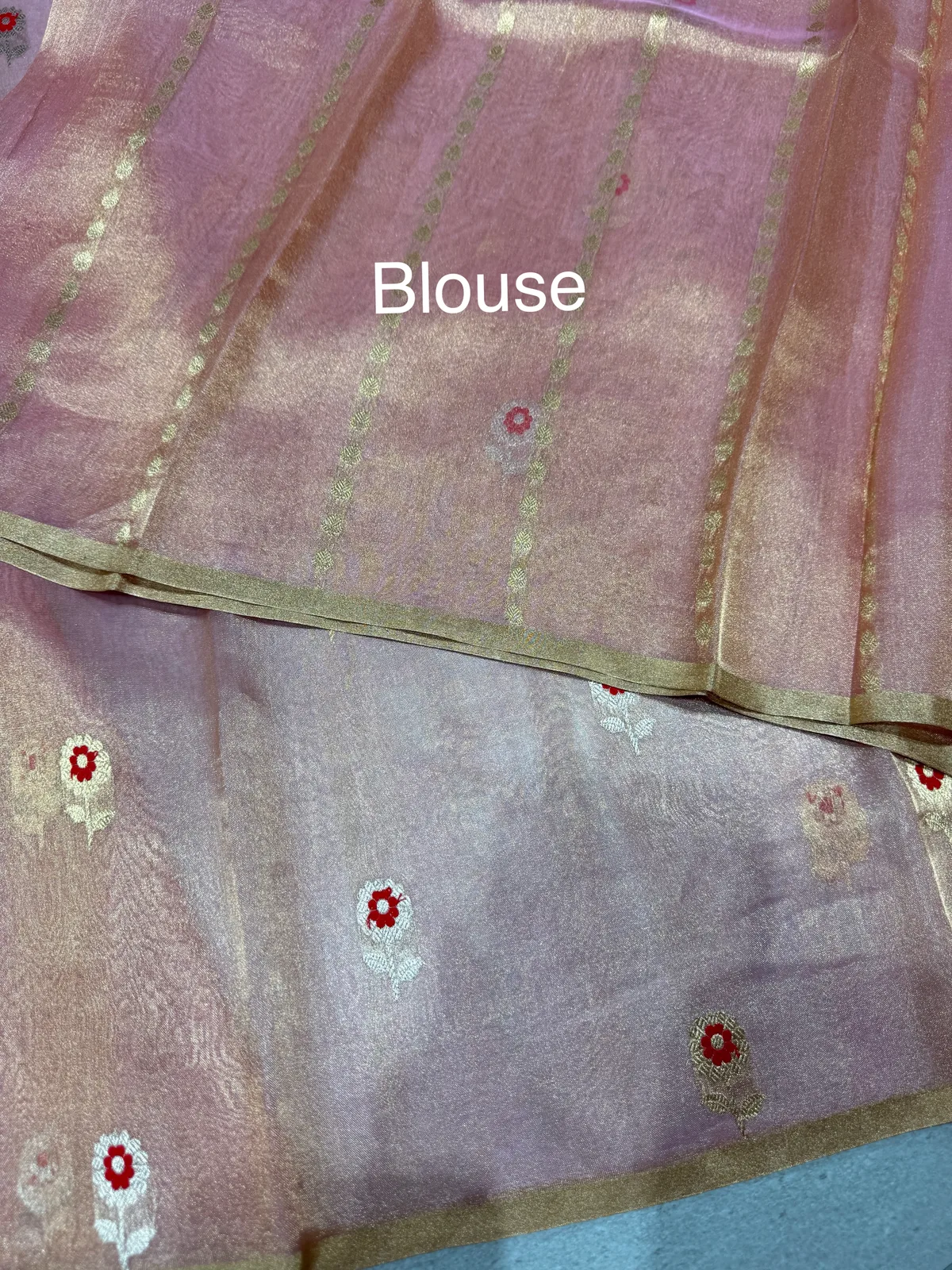 Pastel pink banarasi tissue with fusion blouse  — Image 7