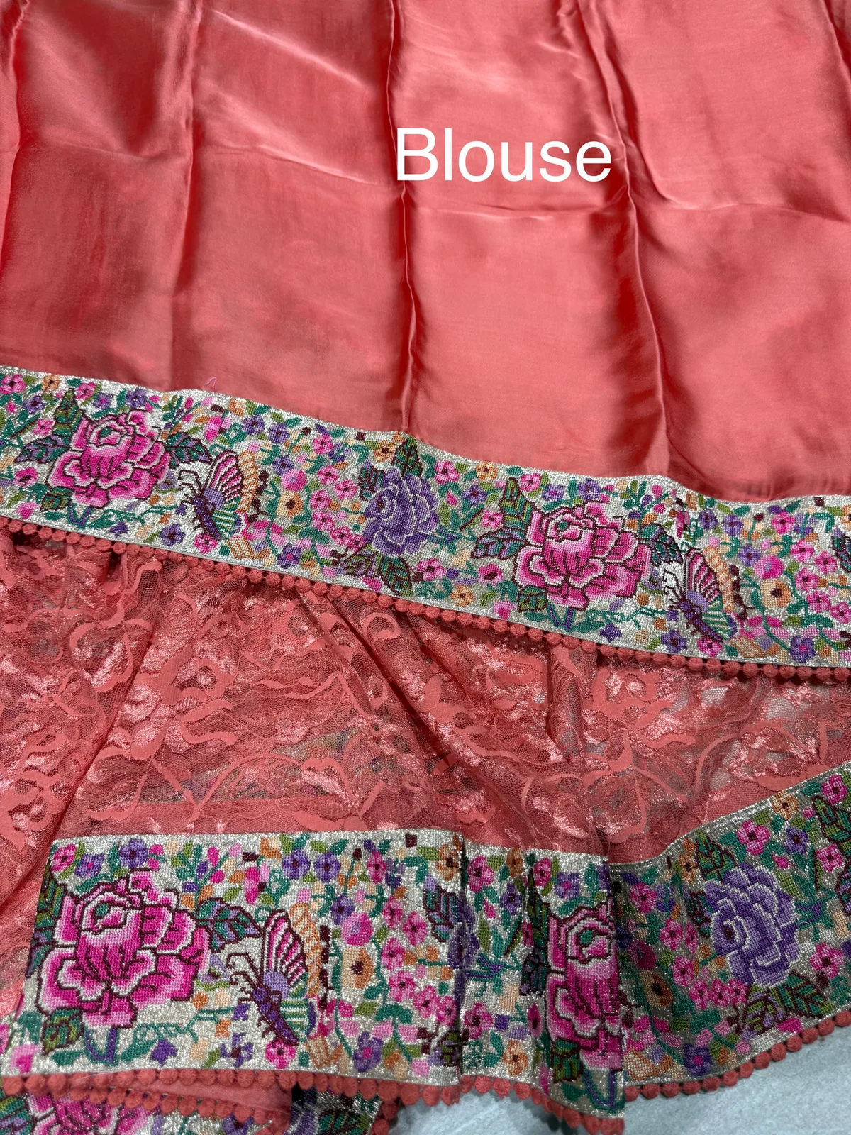 Coral Peach Chantilly Lace Saree with petite point embroidered border — Image 5