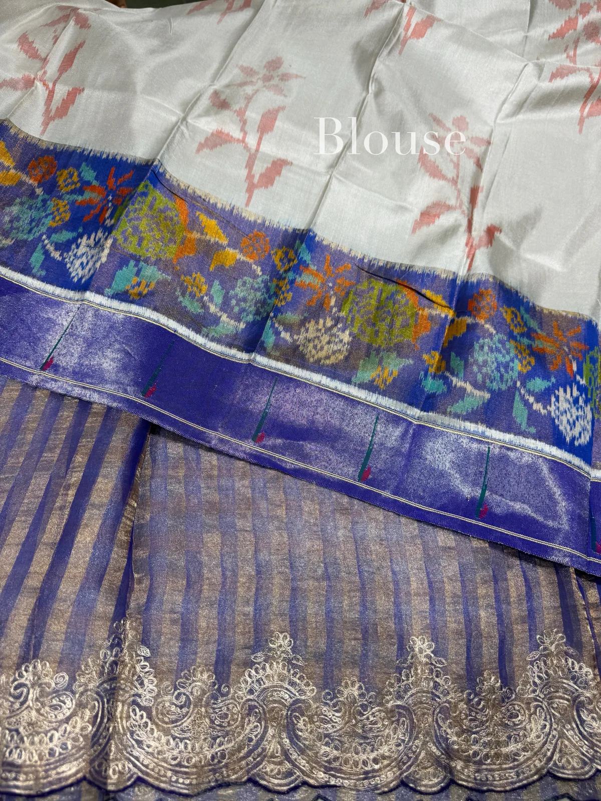 Tissue stripes saree with heavy embroidered border and fusion blouse — Image 5