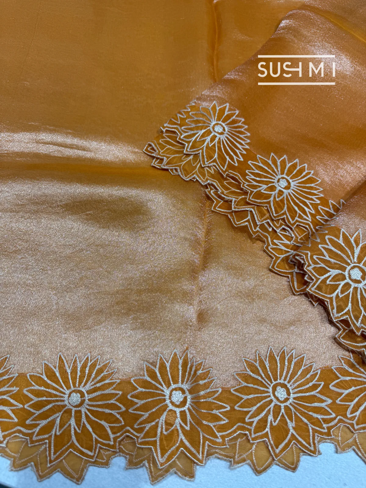 Light Orange Banarasi handloom Tissue with sunflower embroidered cutwork border  — Image 5