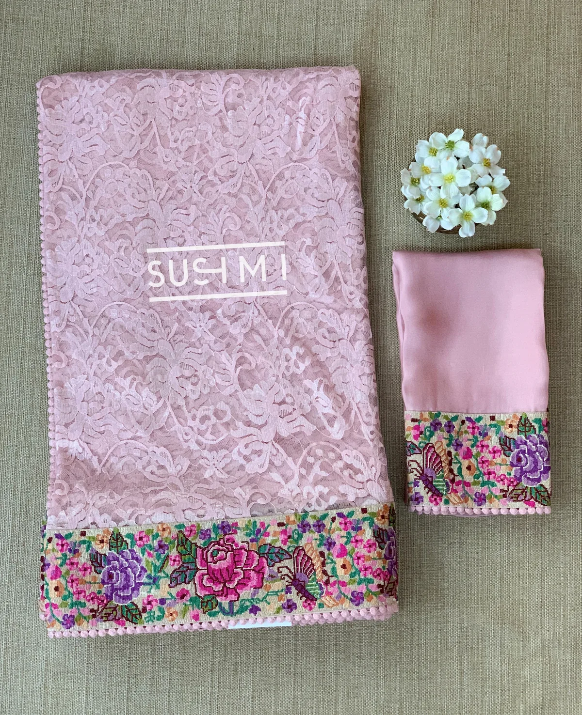 Pastel Pink Chantilly Lace Saree with petite point embroidered border — Image 6