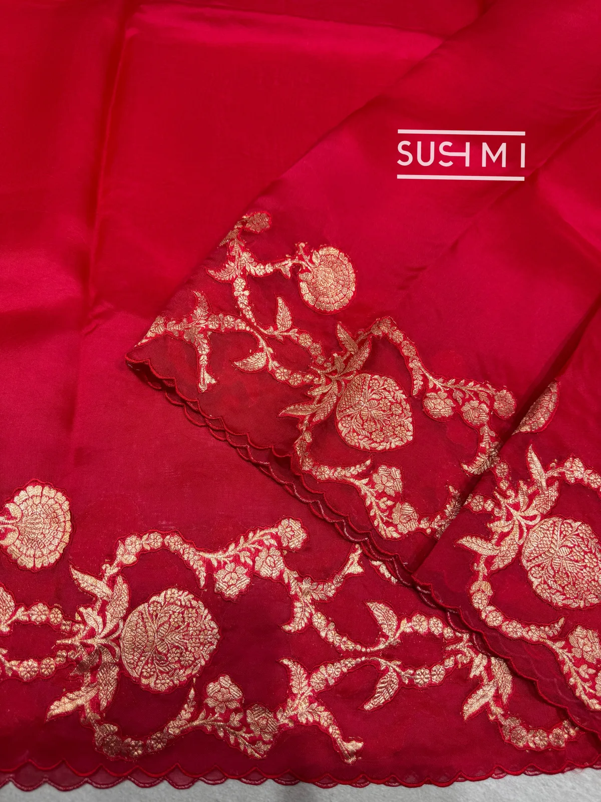 Red Pure Organza Saree with banarasi brocade applique work — Image 6