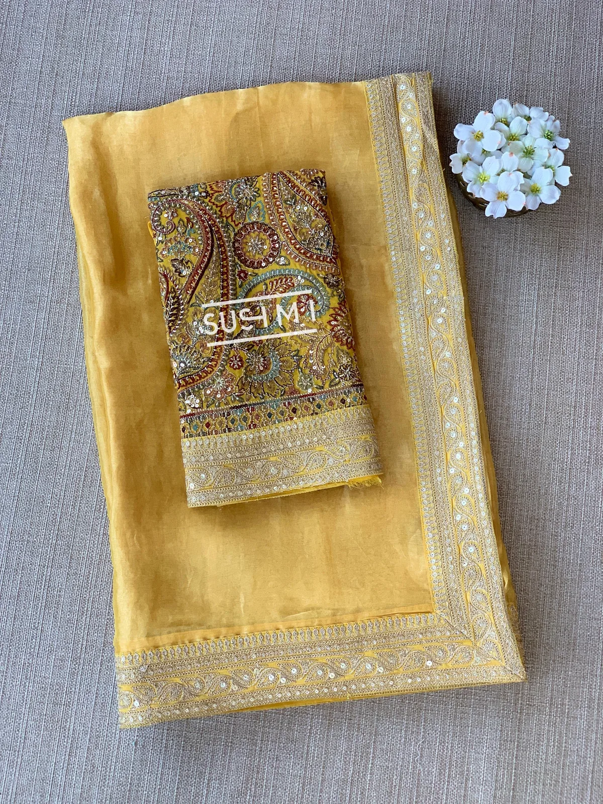 Mustard Tissue Saree with heavy work blouse — Image 8