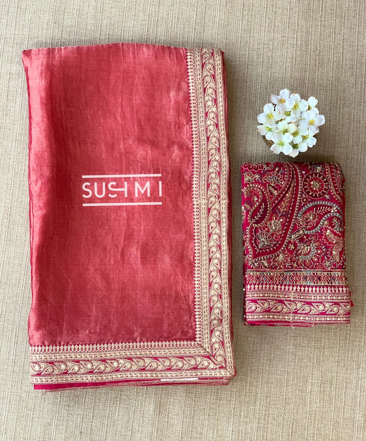 Dark Pink Tissue Saree with Heavy work blouse — Image 12