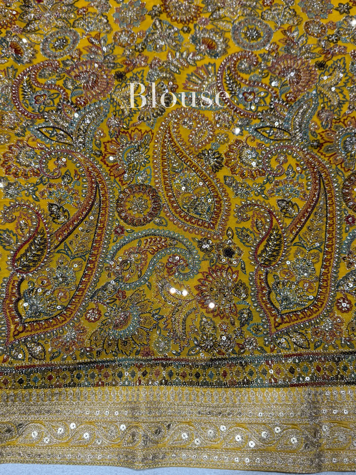 Mustard Tissue Saree with heavy work blouse — Image 5