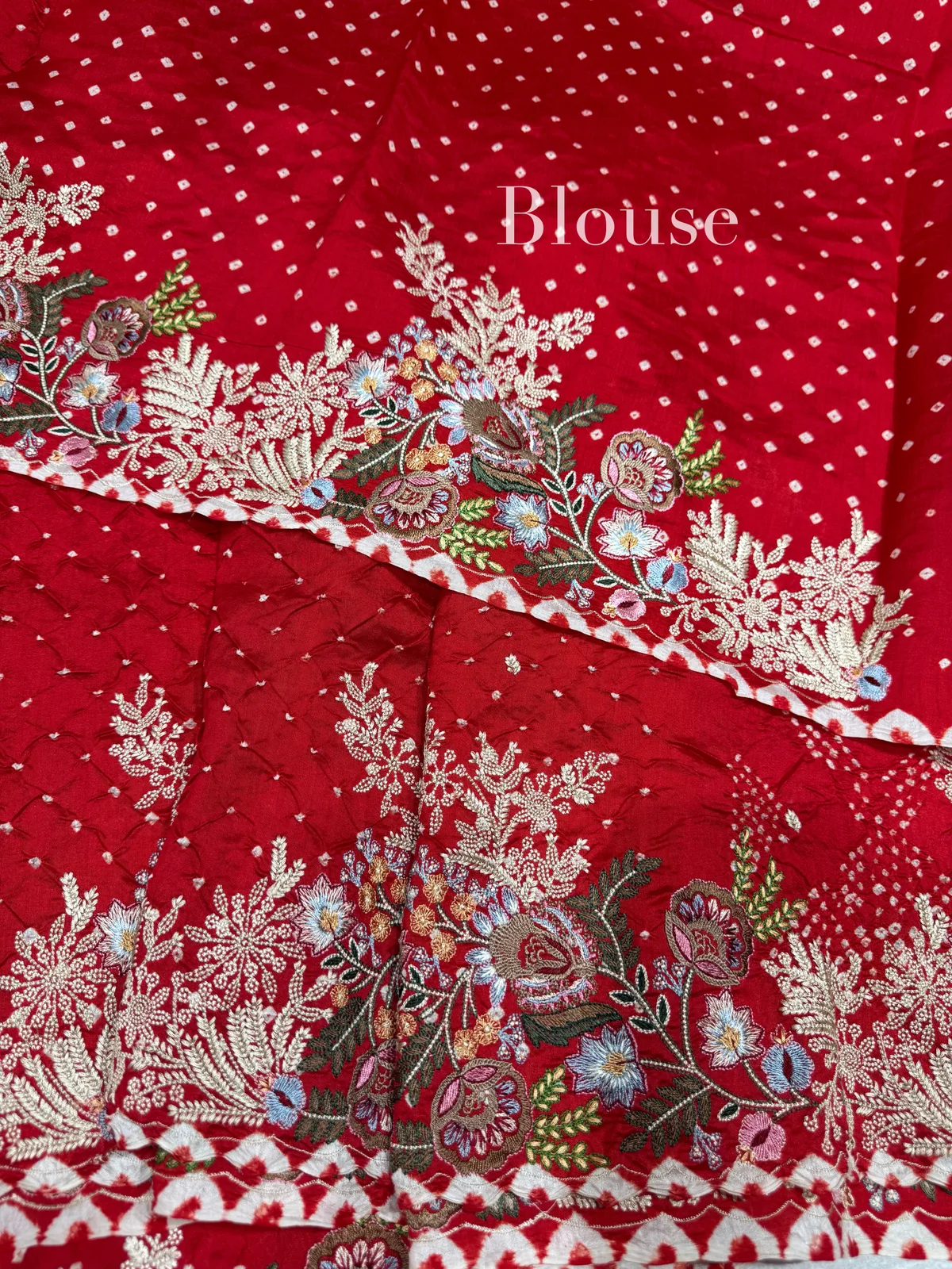 Chilli Red Banarasi Bandhej Saree with heavy embroidered border  — Image 7