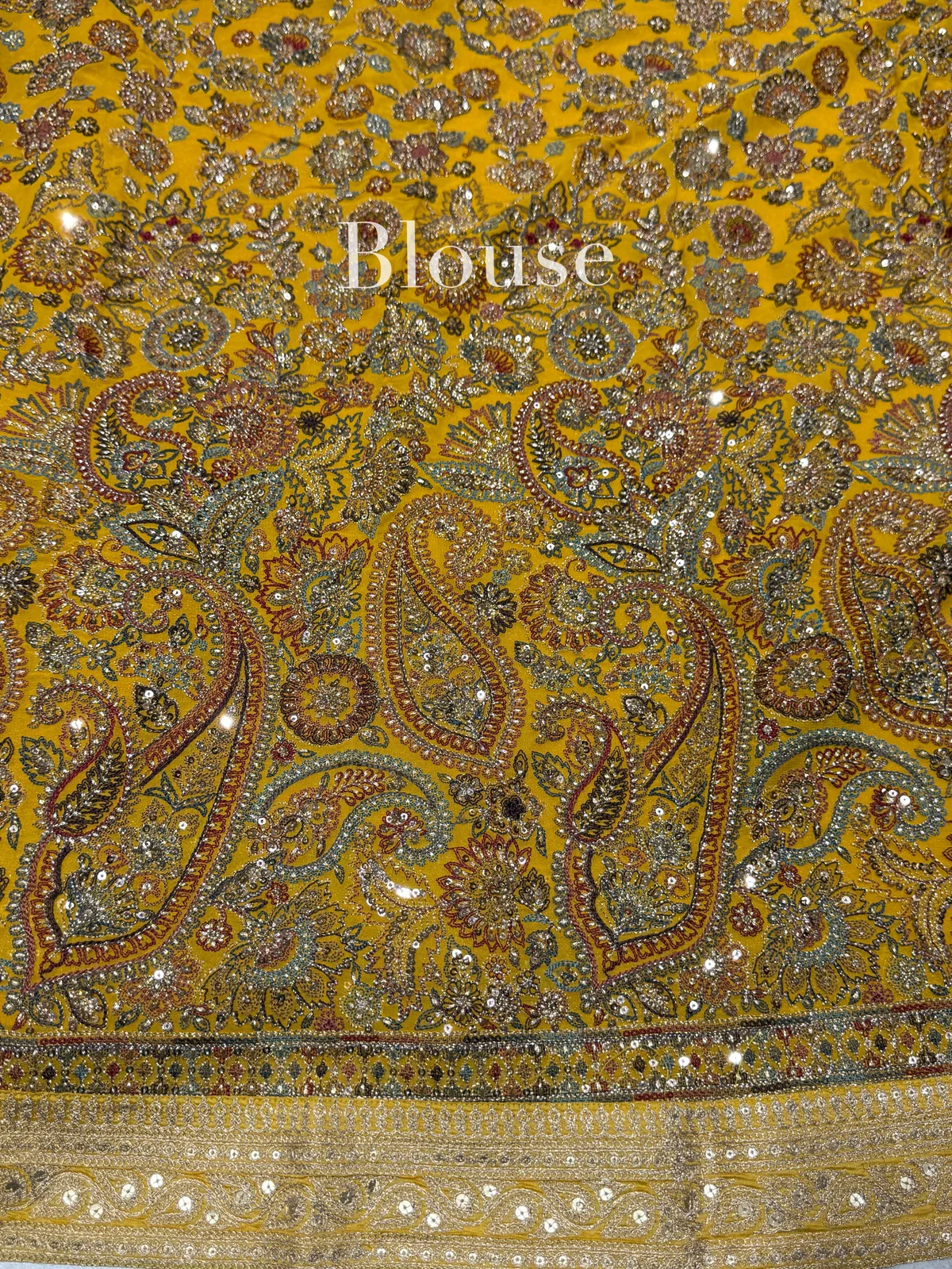 Mustard Tissue Saree with heavy work blouse — Image 7
