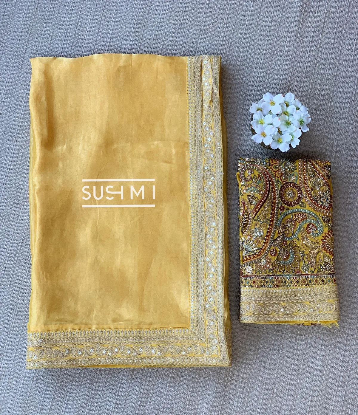 Mustard Tissue Saree with heavy work blouse — Image 9
