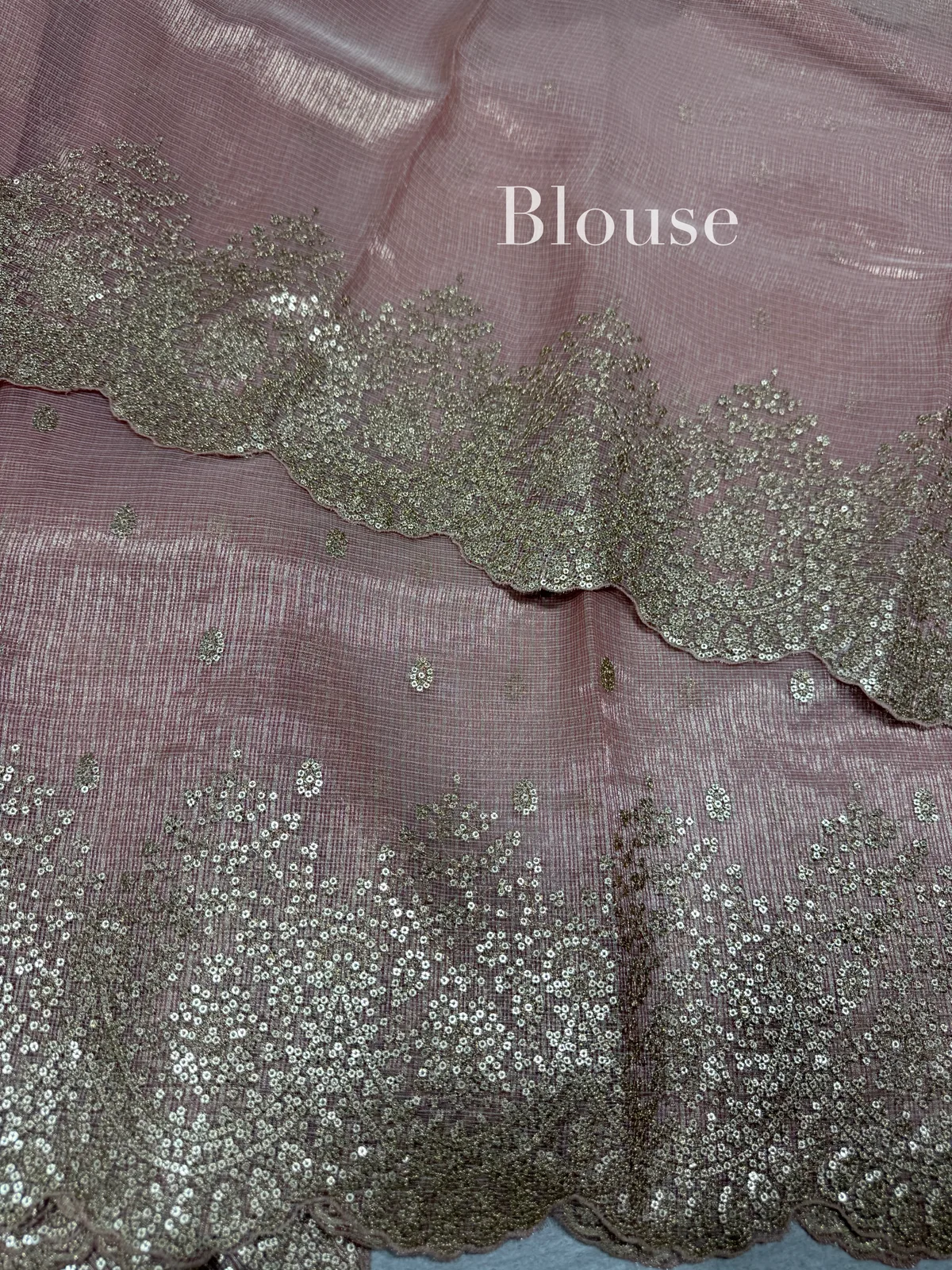 Pastel Pink Tissue Kota with heavy sequence embroidered cutwork border — Image 5