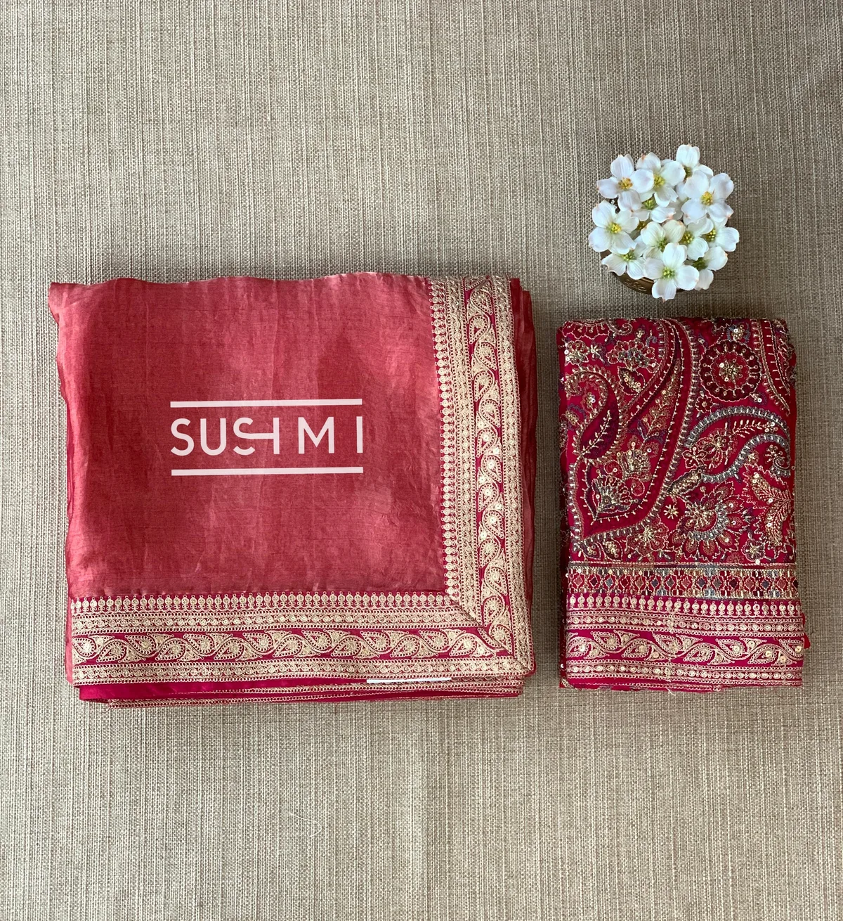 Dark Pink Tissue Saree with Heavy work blouse — Image 10