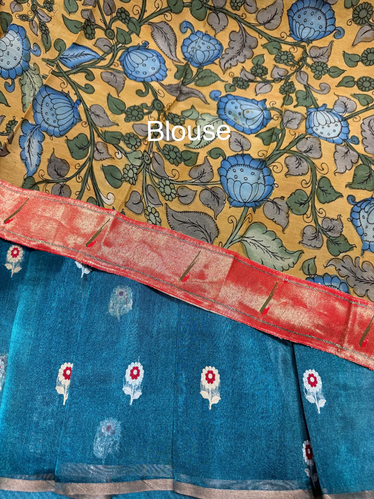 Peacock Blue banarasi tissue with fusion blouse  — Image 8