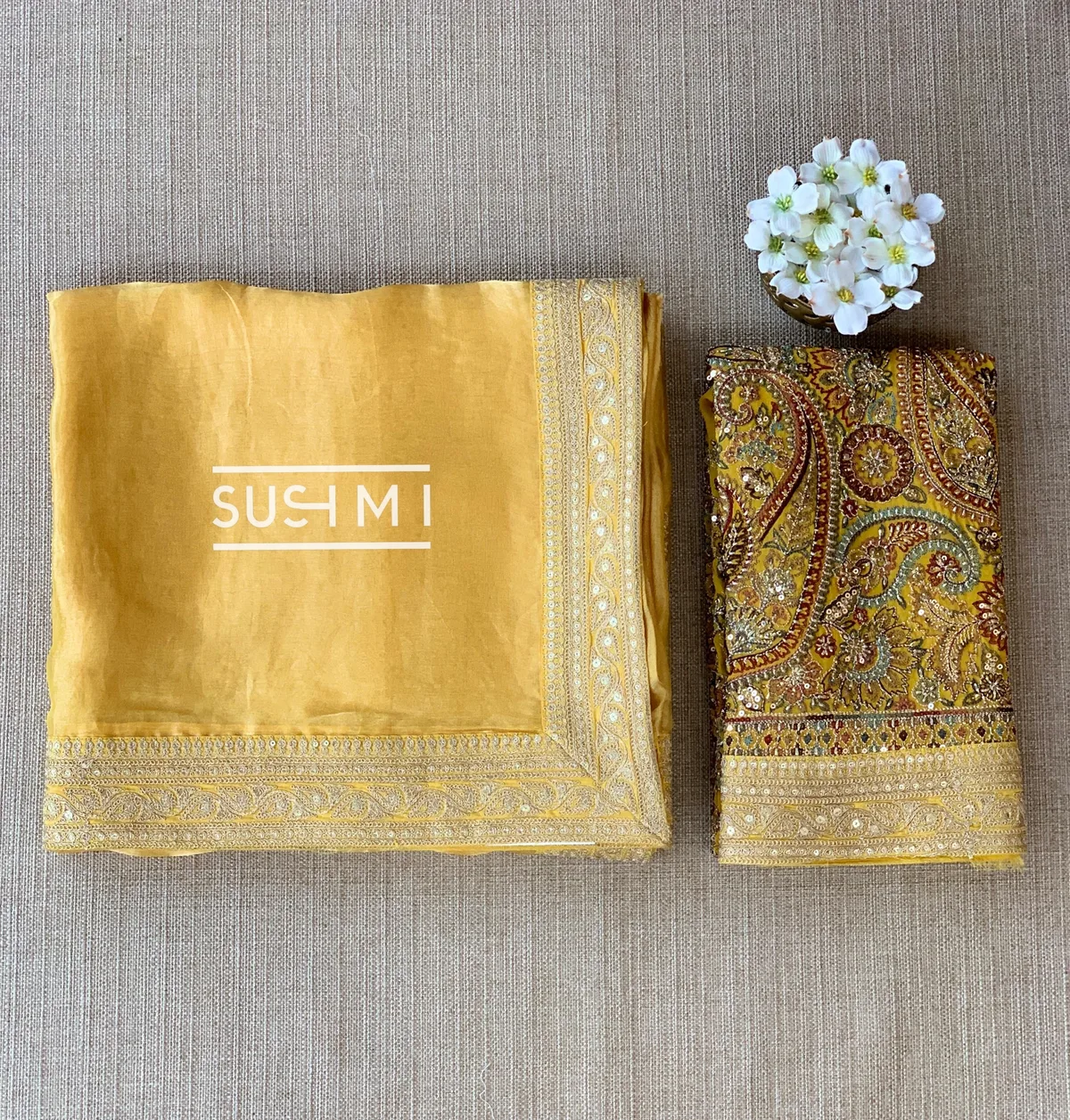 Mustard Tissue Saree with heavy work blouse — Image 10