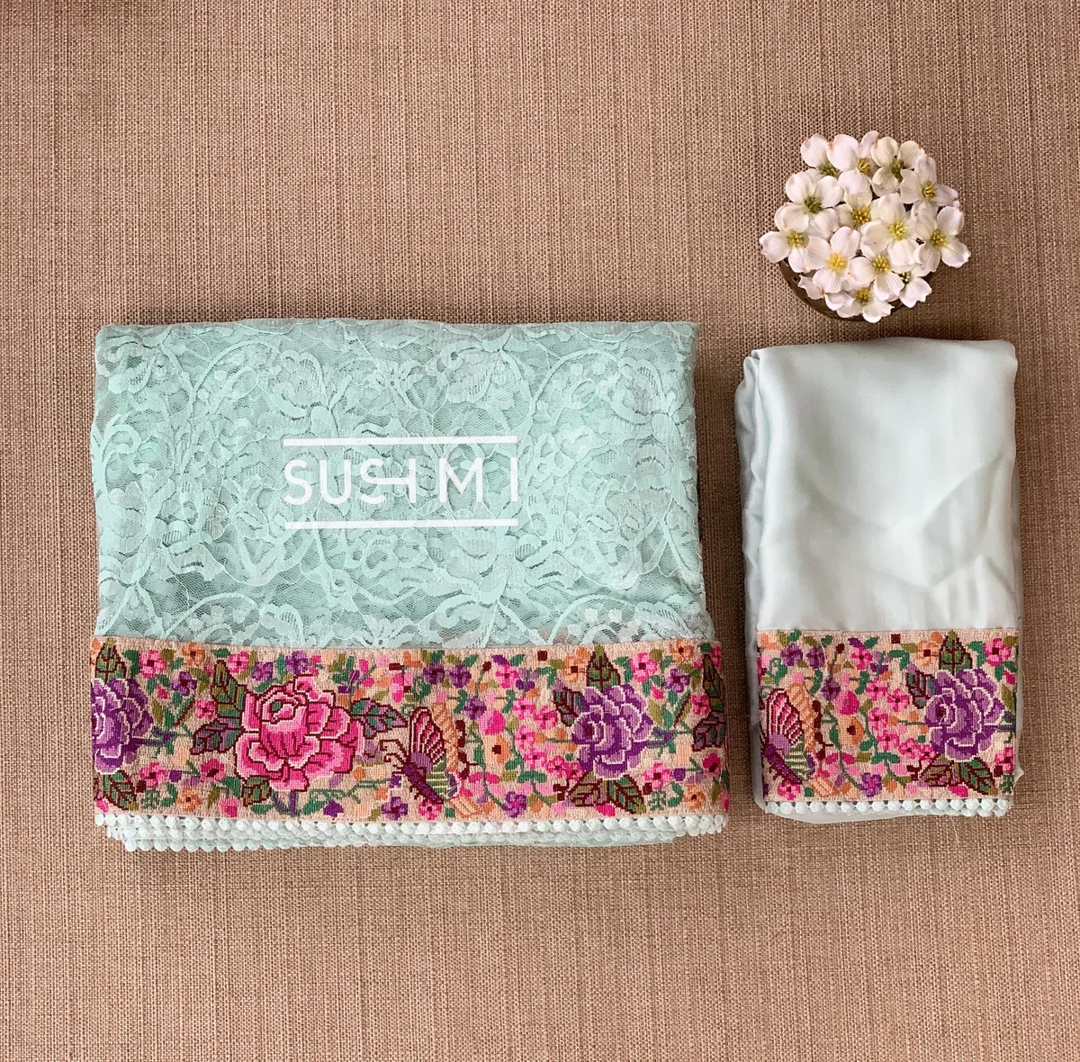 Powder Blue Chantilly Lace Saree with petite point embroidered border — Image 5