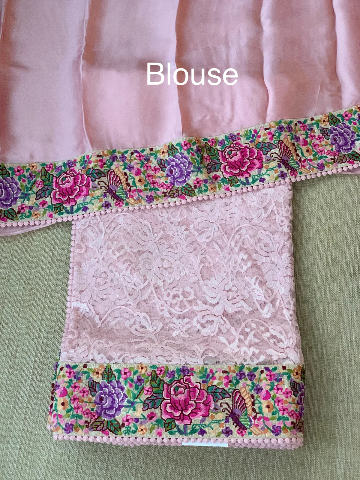 Pastel Pink Chantilly Lace Saree with petite point embroidered border — Image 8