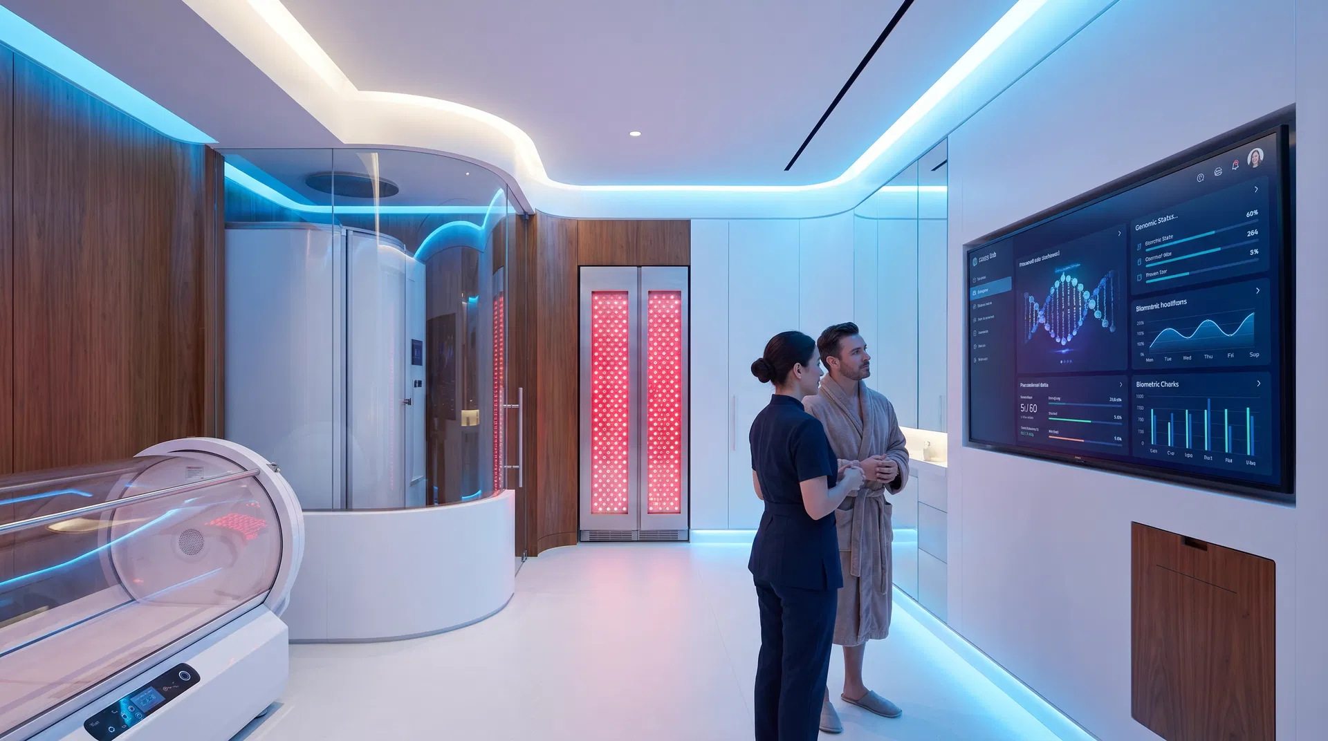 Hotel longevity hub with cryotherapy and genomic analysis