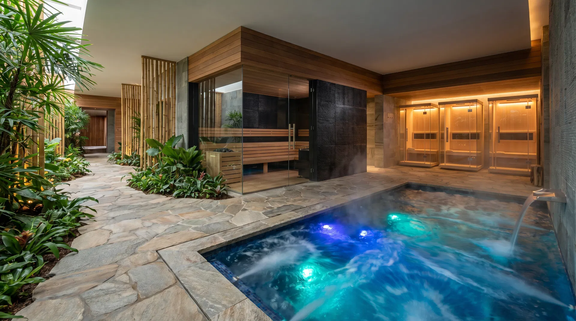 Integrated recovery ecosystem with hydrotherapy and sauna in hotel