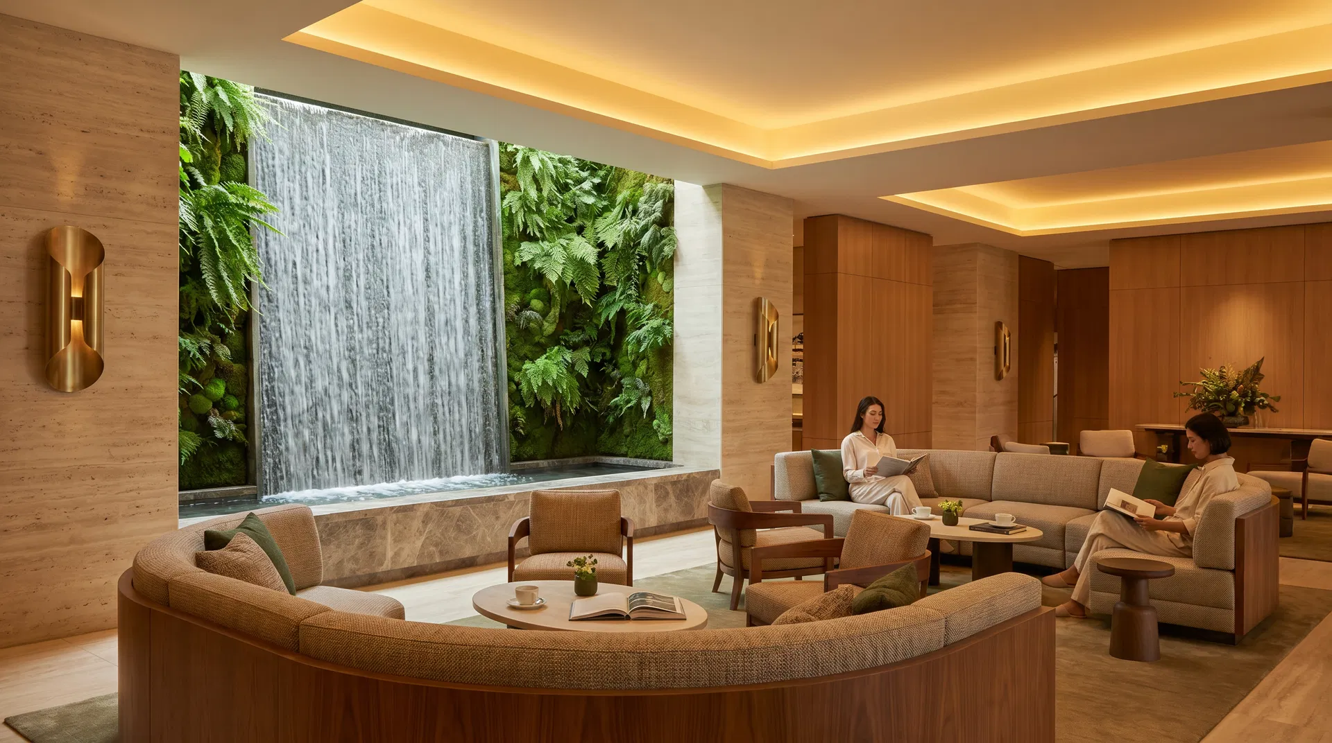 Multisensory hotel lobby design with vertical garden and waterfall